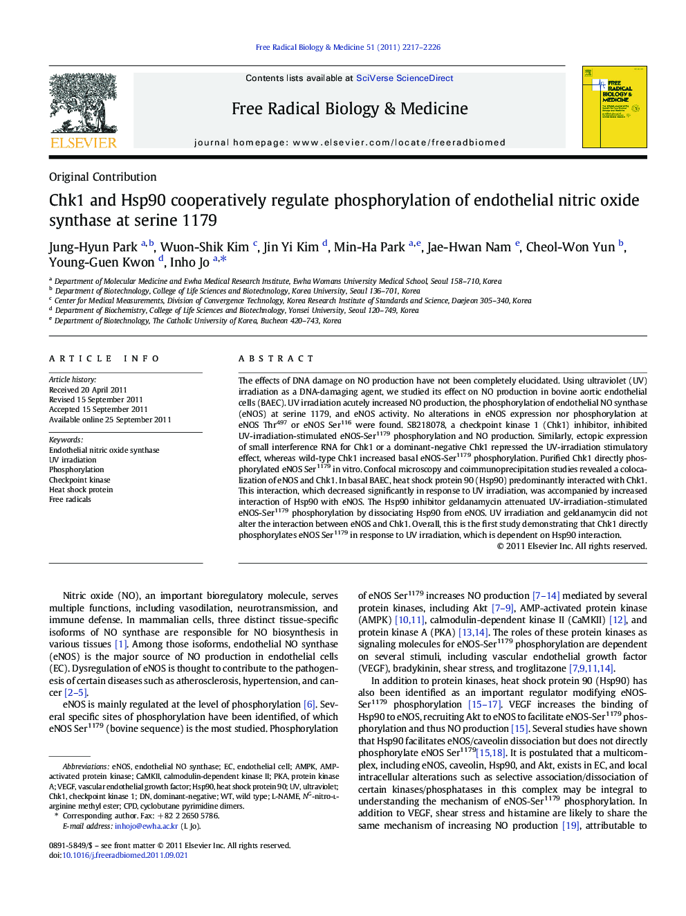 Chk1 and Hsp90 cooperatively regulate phosphorylation of endothelial nitric oxide synthase at serine 1179