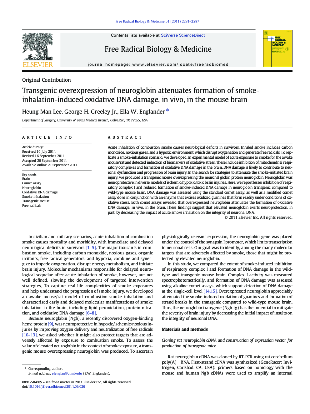 Transgenic overexpression of neuroglobin attenuates formation of smoke-inhalation-induced oxidative DNA damage, in vivo, in the mouse brain