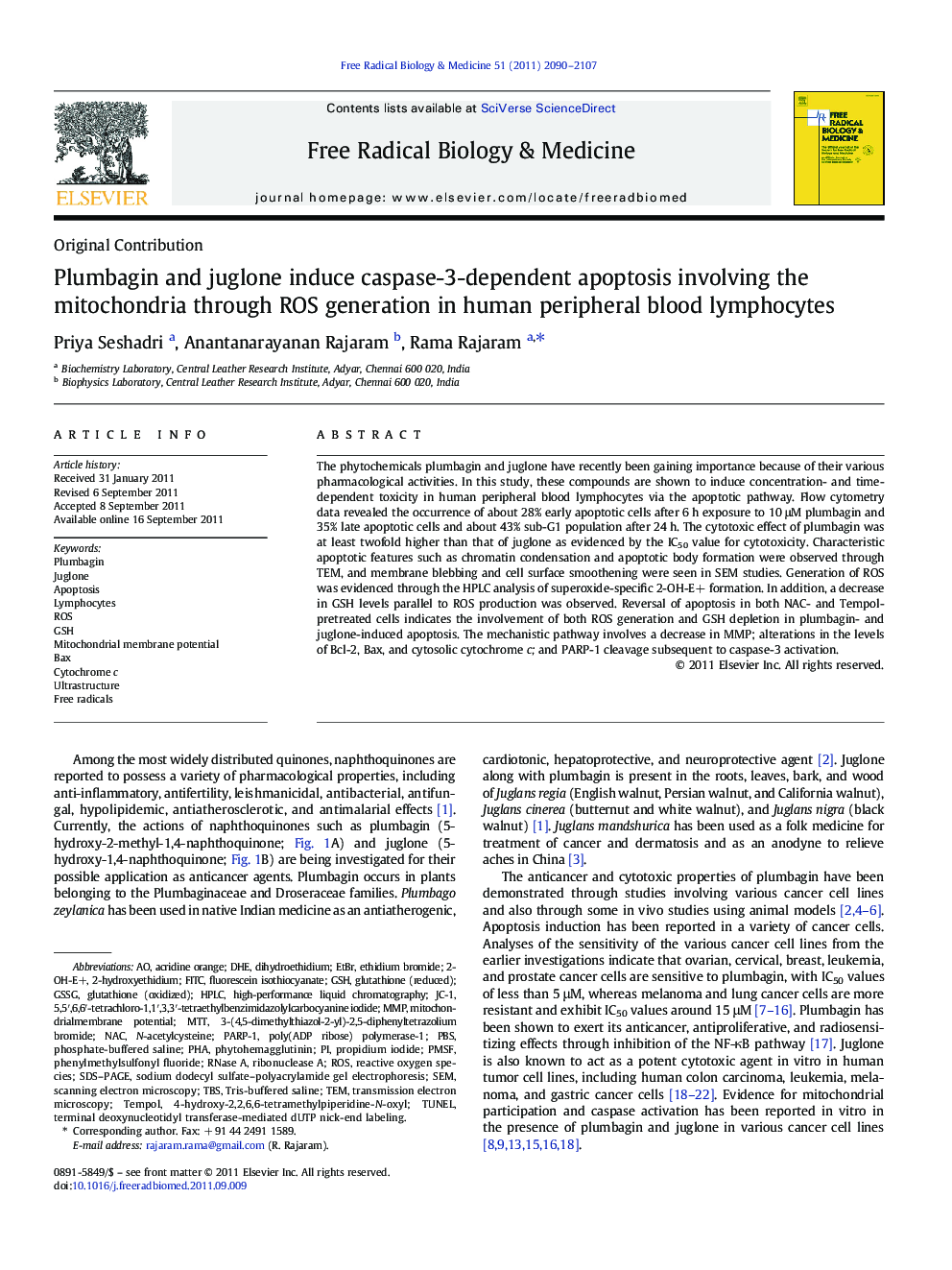 Plumbagin and juglone induce caspase-3-dependent apoptosis involving the mitochondria through ROS generation in human peripheral blood lymphocytes