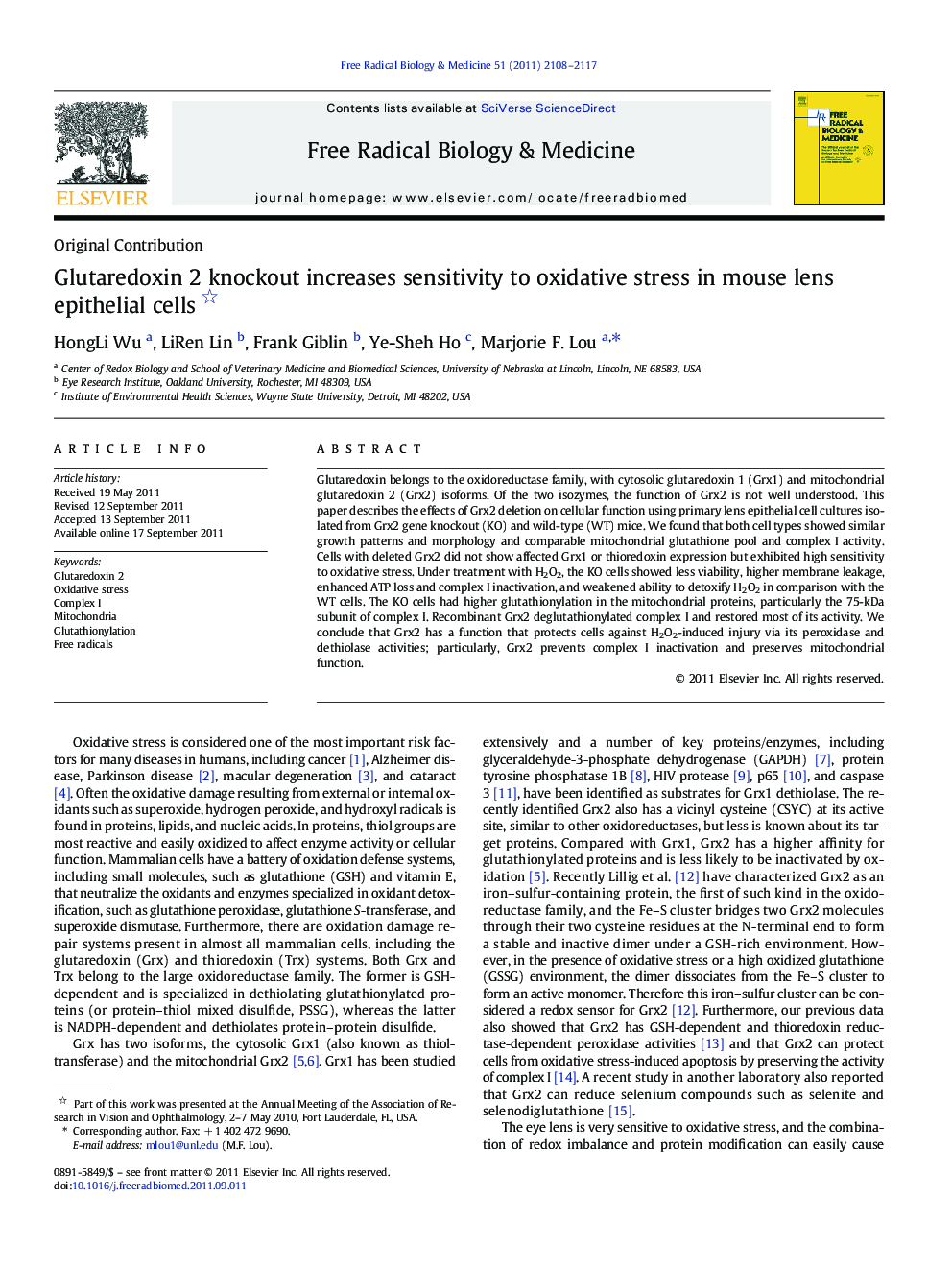 Glutaredoxin 2 knockout increases sensitivity to oxidative stress in mouse lens epithelial cells 