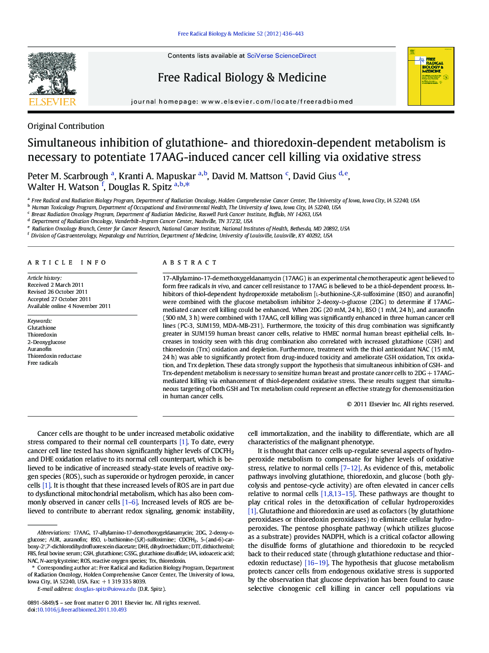 Simultaneous inhibition of glutathione- and thioredoxin-dependent metabolism is necessary to potentiate 17AAG-induced cancer cell killing via oxidative stress