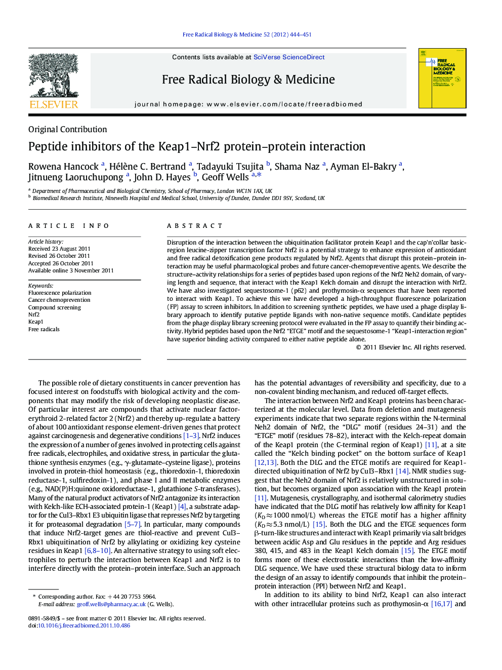 Peptide inhibitors of the Keap1–Nrf2 protein–protein interaction