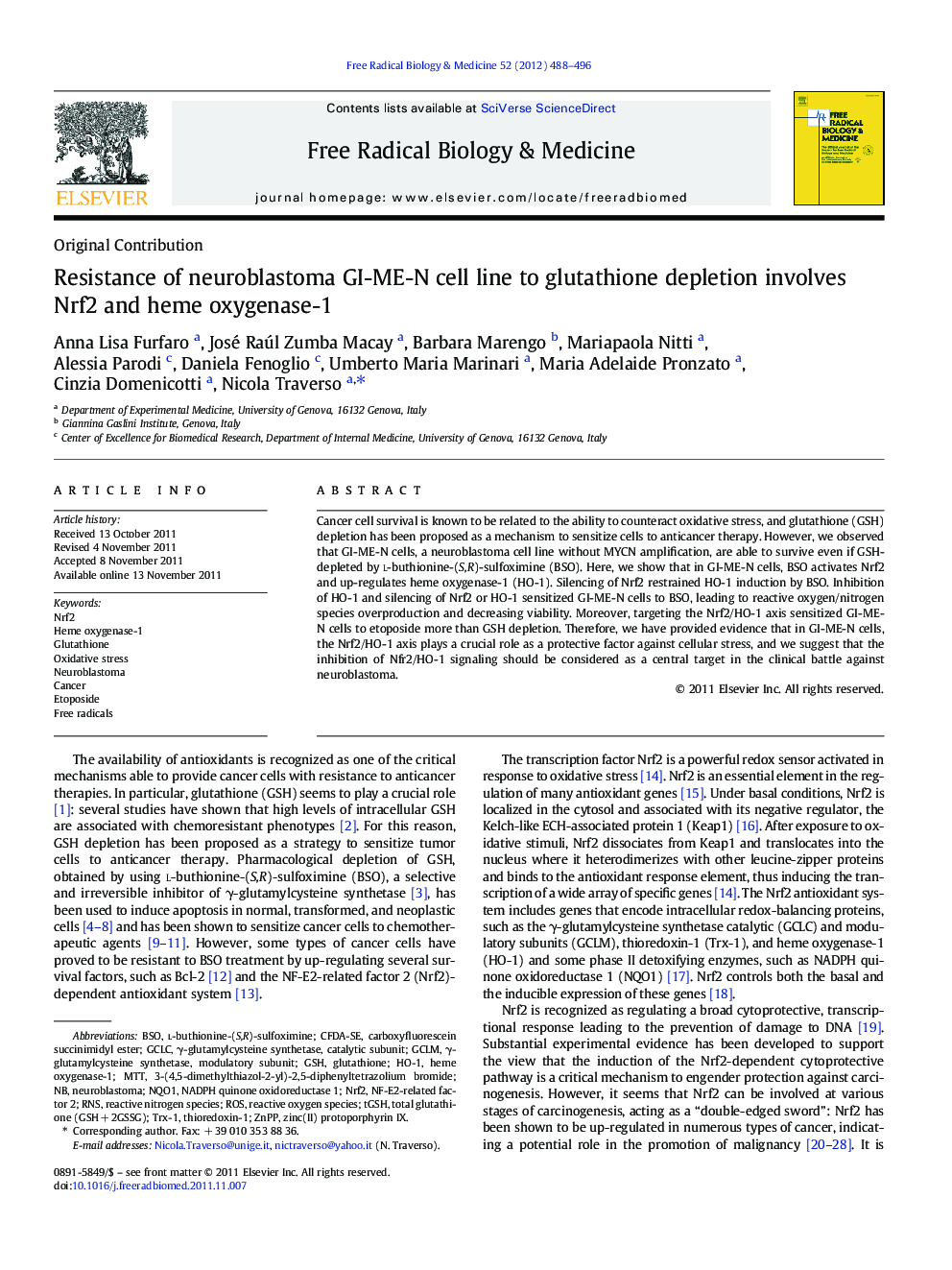 Resistance of neuroblastoma GI-ME-N cell line to glutathione depletion involves Nrf2 and heme oxygenase-1