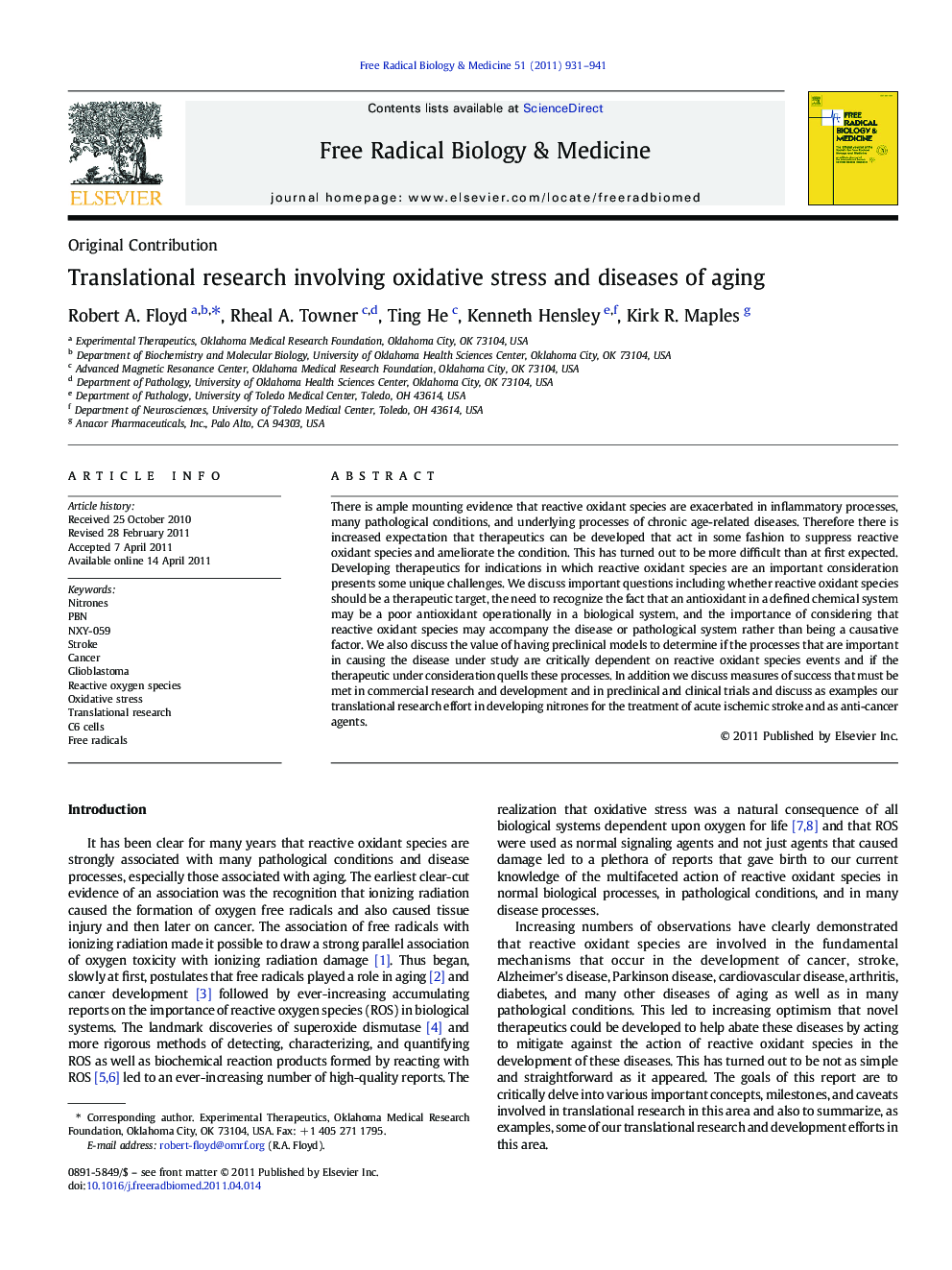 Translational research involving oxidative stress and diseases of aging