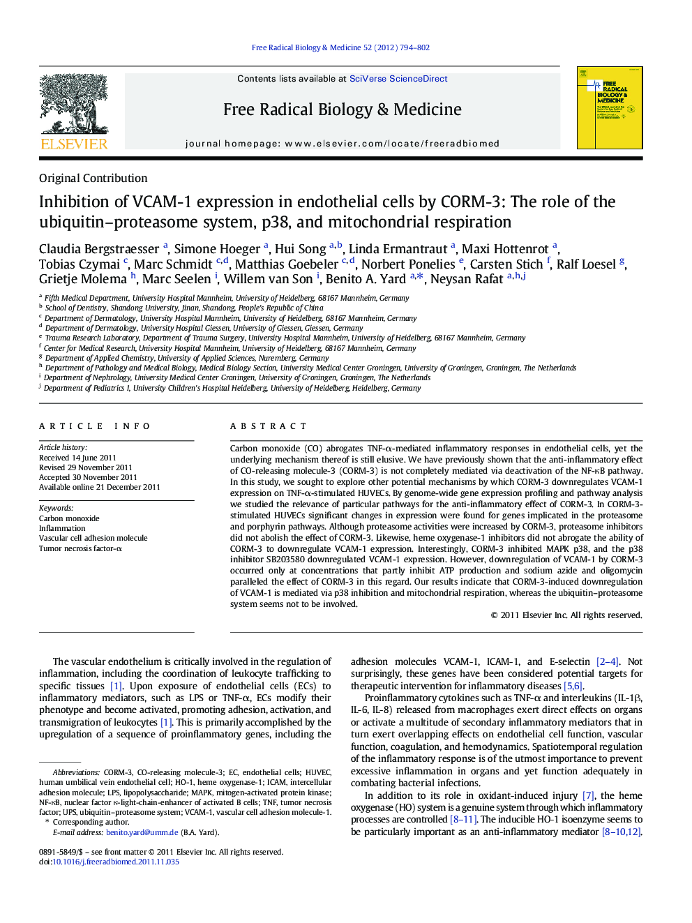 Inhibition of VCAM-1 expression in endothelial cells by CORM-3: The role of the ubiquitin–proteasome system, p38, and mitochondrial respiration