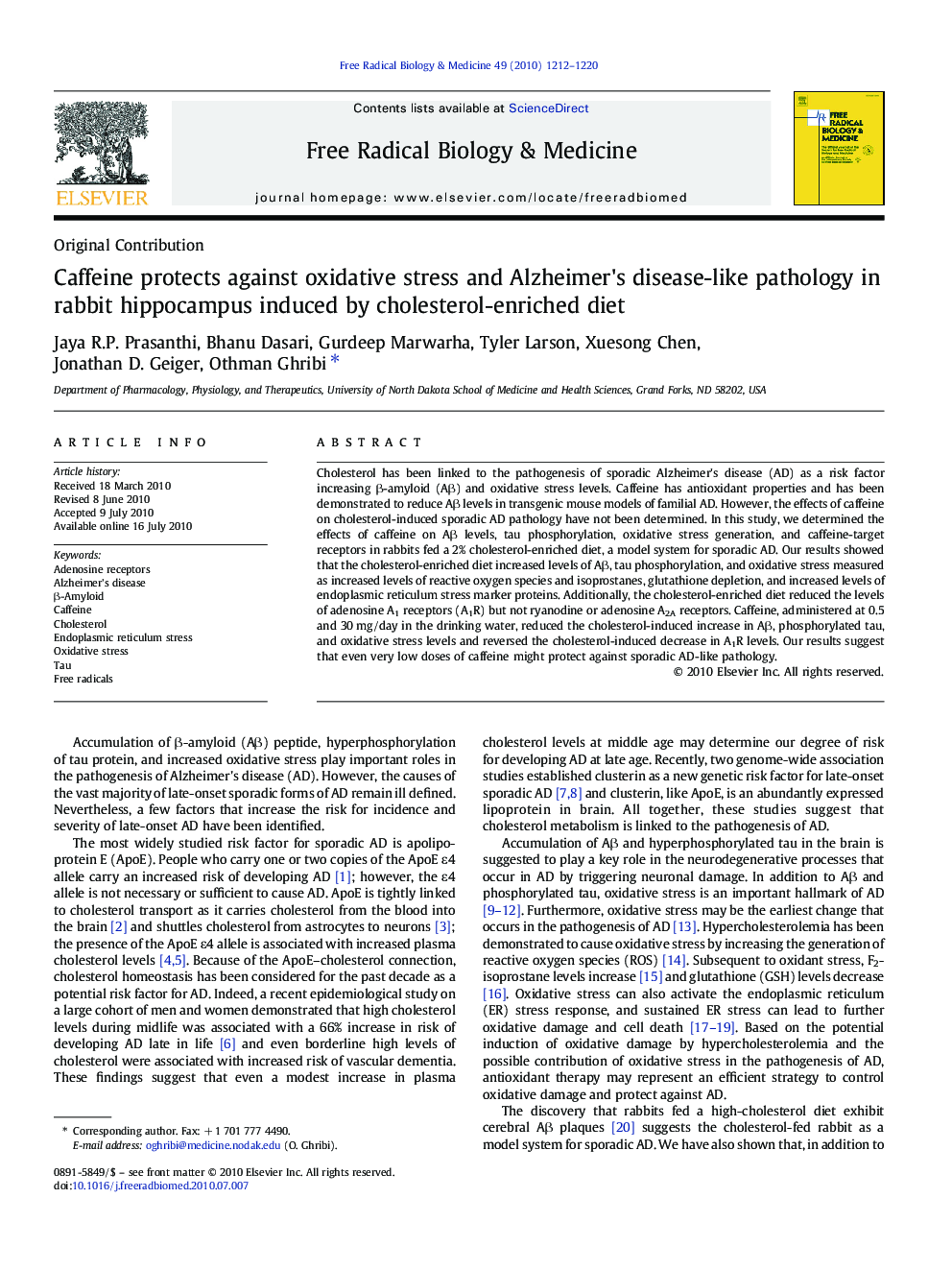 Caffeine protects against oxidative stress and Alzheimer's disease-like pathology in rabbit hippocampus induced by cholesterol-enriched diet