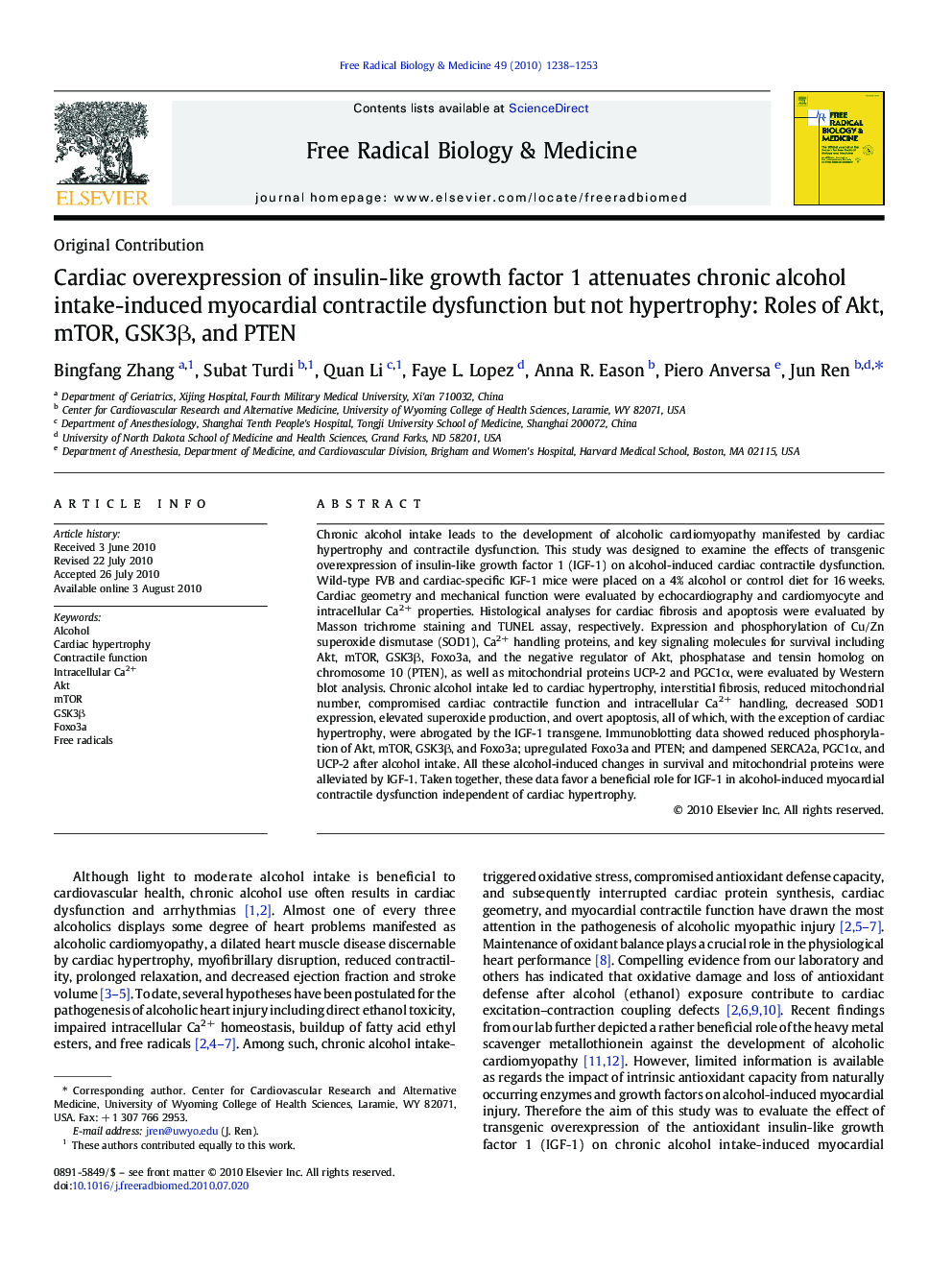 Cardiac overexpression of insulin-like growth factor 1 attenuates chronic alcohol intake-induced myocardial contractile dysfunction but not hypertrophy: Roles of Akt, mTOR, GSK3β, and PTEN