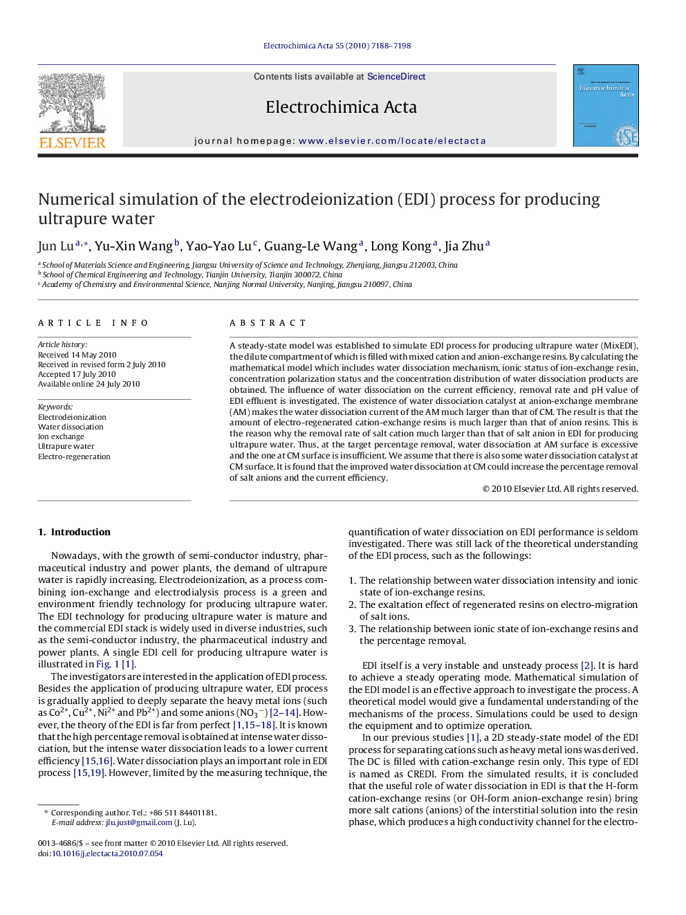 Numerical simulation of the electrodeionization (EDI) process for producing ultrapure water