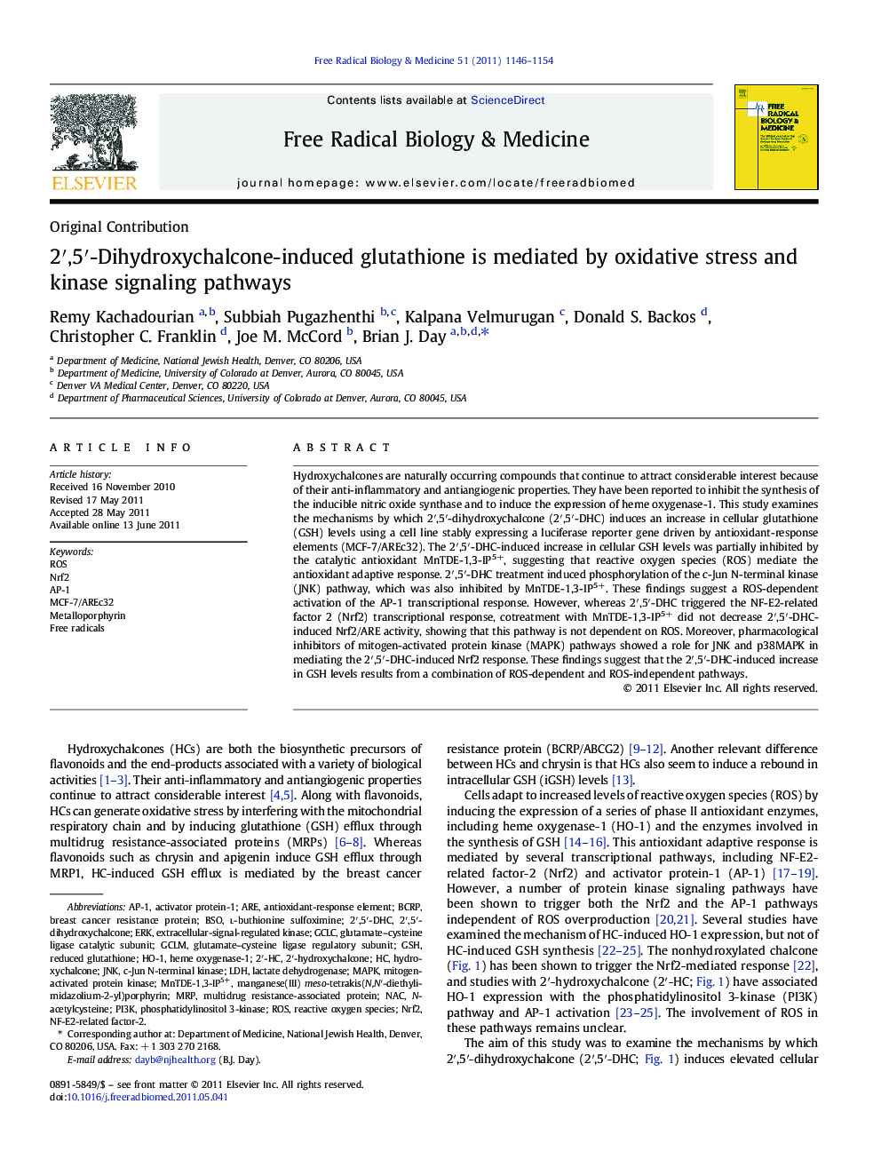 2′,5′-Dihydroxychalcone-induced glutathione is mediated by oxidative stress and kinase signaling pathways