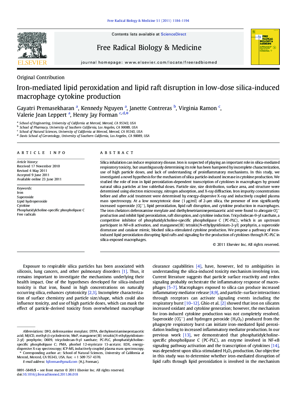 Iron-mediated lipid peroxidation and lipid raft disruption in low-dose silica-induced macrophage cytokine production