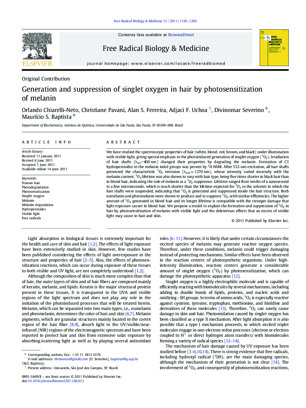 Generation and suppression of singlet oxygen in hair by photosensitization of melanin