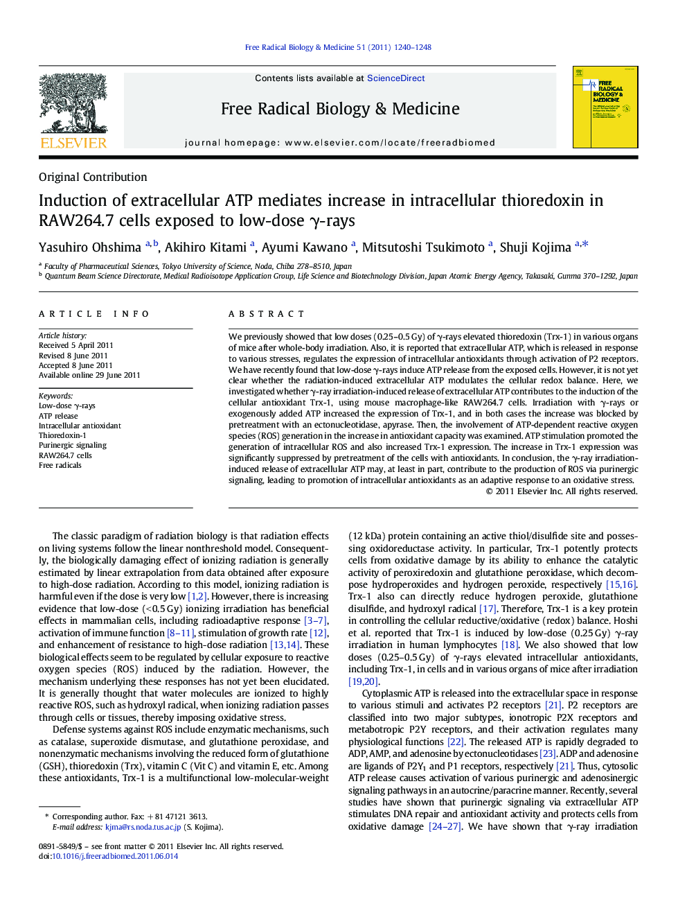 Induction of extracellular ATP mediates increase in intracellular thioredoxin in RAW264.7 cells exposed to low-dose γ-rays