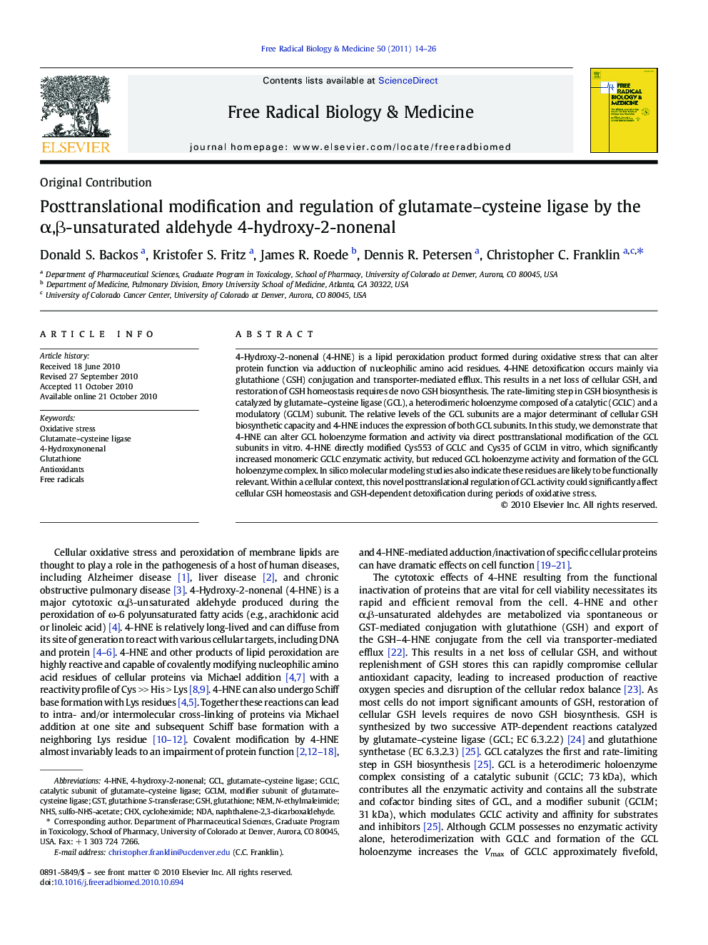 Posttranslational modification and regulation of glutamate–cysteine ligase by the α,β-unsaturated aldehyde 4-hydroxy-2-nonenal