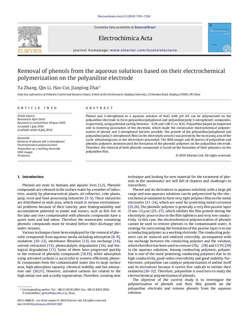 Removal of phenols from the aqueous solutions based on their electrochemical polymerization on the polyaniline electrode