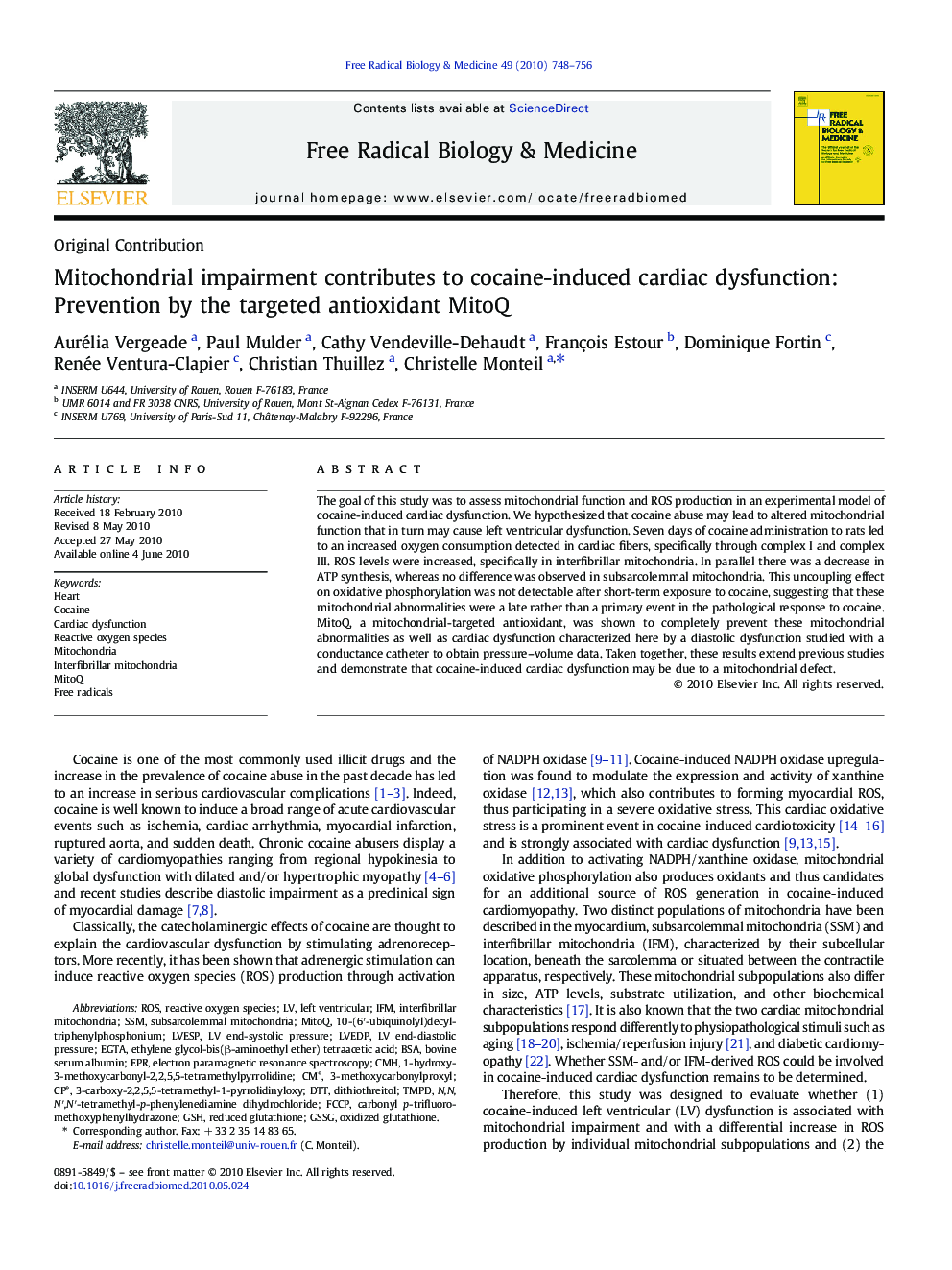 Mitochondrial impairment contributes to cocaine-induced cardiac dysfunction: Prevention by the targeted antioxidant MitoQ