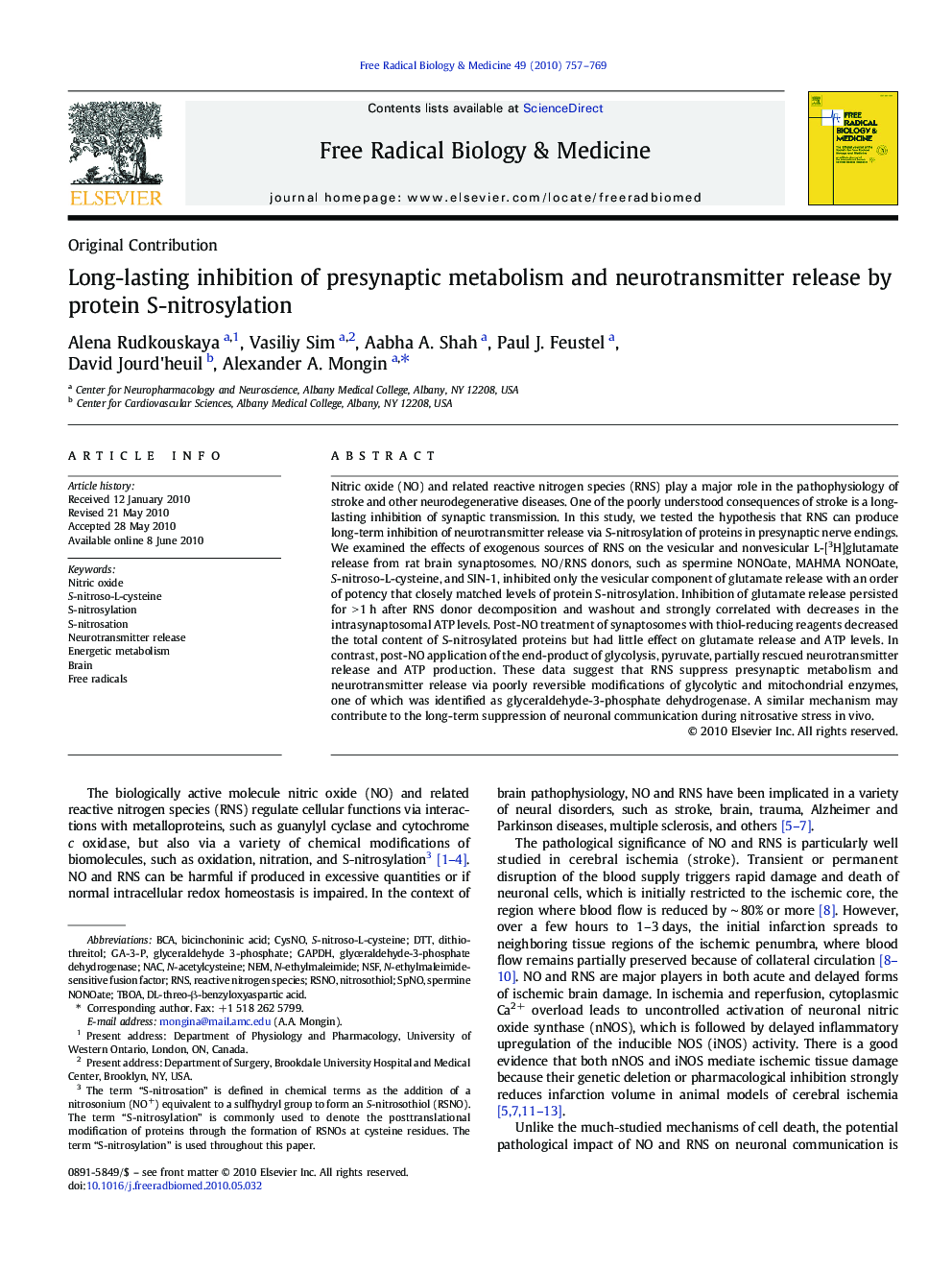 Long-lasting inhibition of presynaptic metabolism and neurotransmitter release by protein S-nitrosylation