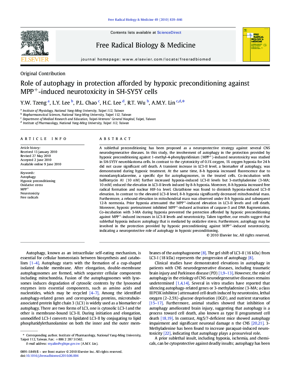 Role of autophagy in protection afforded by hypoxic preconditioning against MPP+-induced neurotoxicity in SH-SY5Y cells