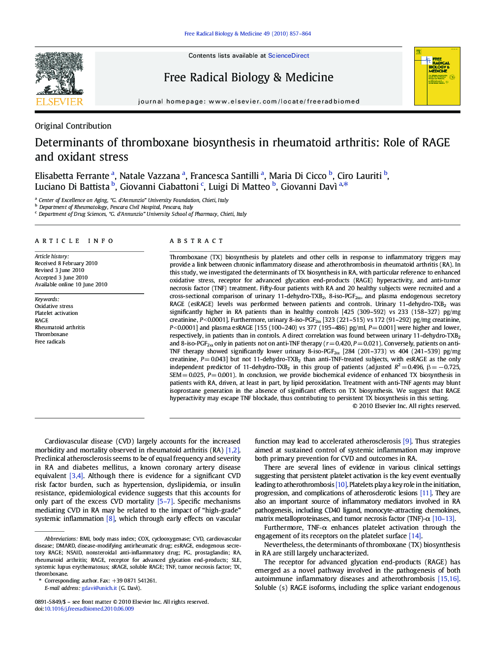 Determinants of thromboxane biosynthesis in rheumatoid arthritis: Role of RAGE and oxidant stress