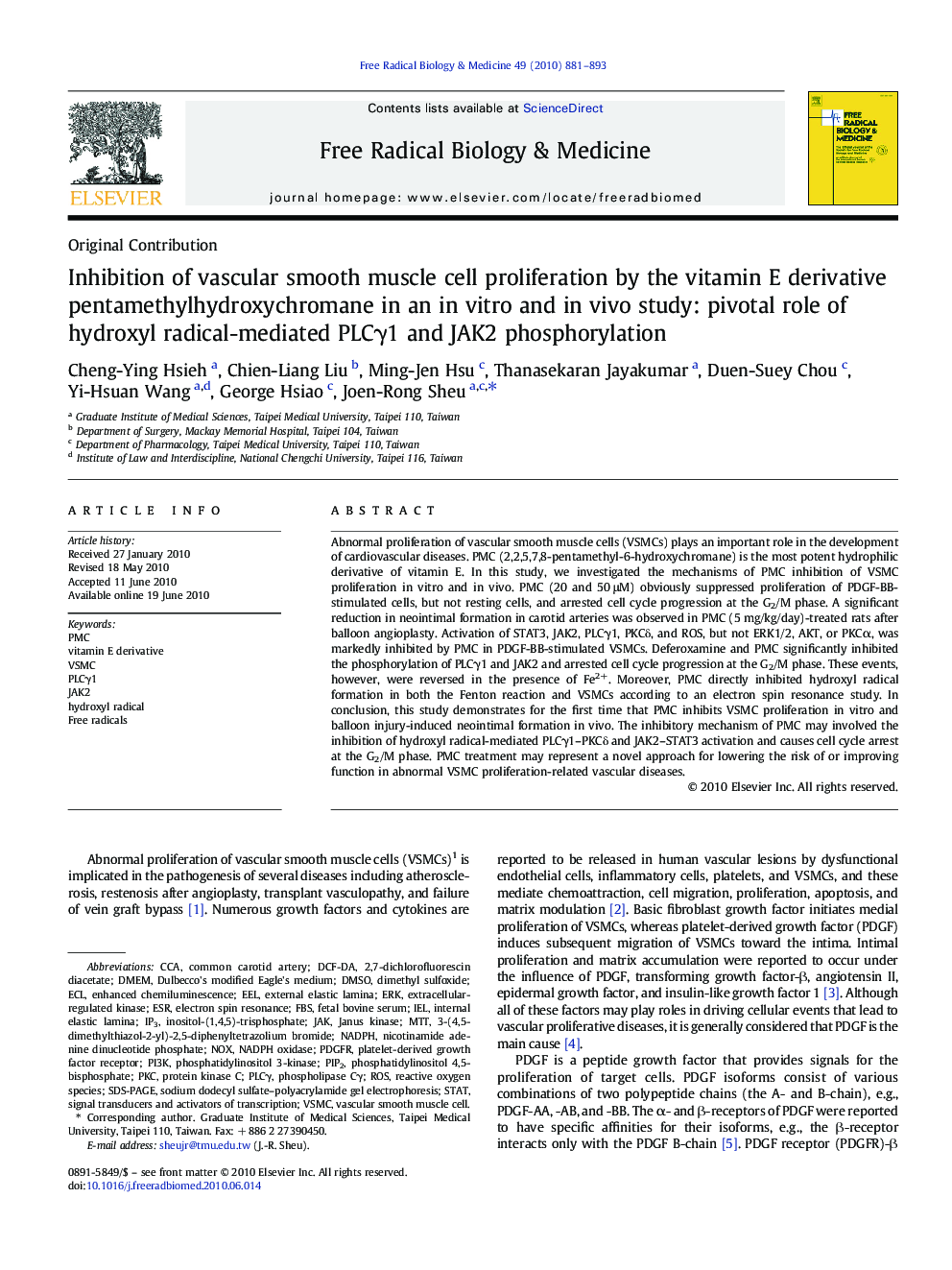 Inhibition of vascular smooth muscle cell proliferation by the vitamin E derivative pentamethylhydroxychromane in an in vitro and in vivo study: pivotal role of hydroxyl radical-mediated PLCγ1 and JAK2 phosphorylation