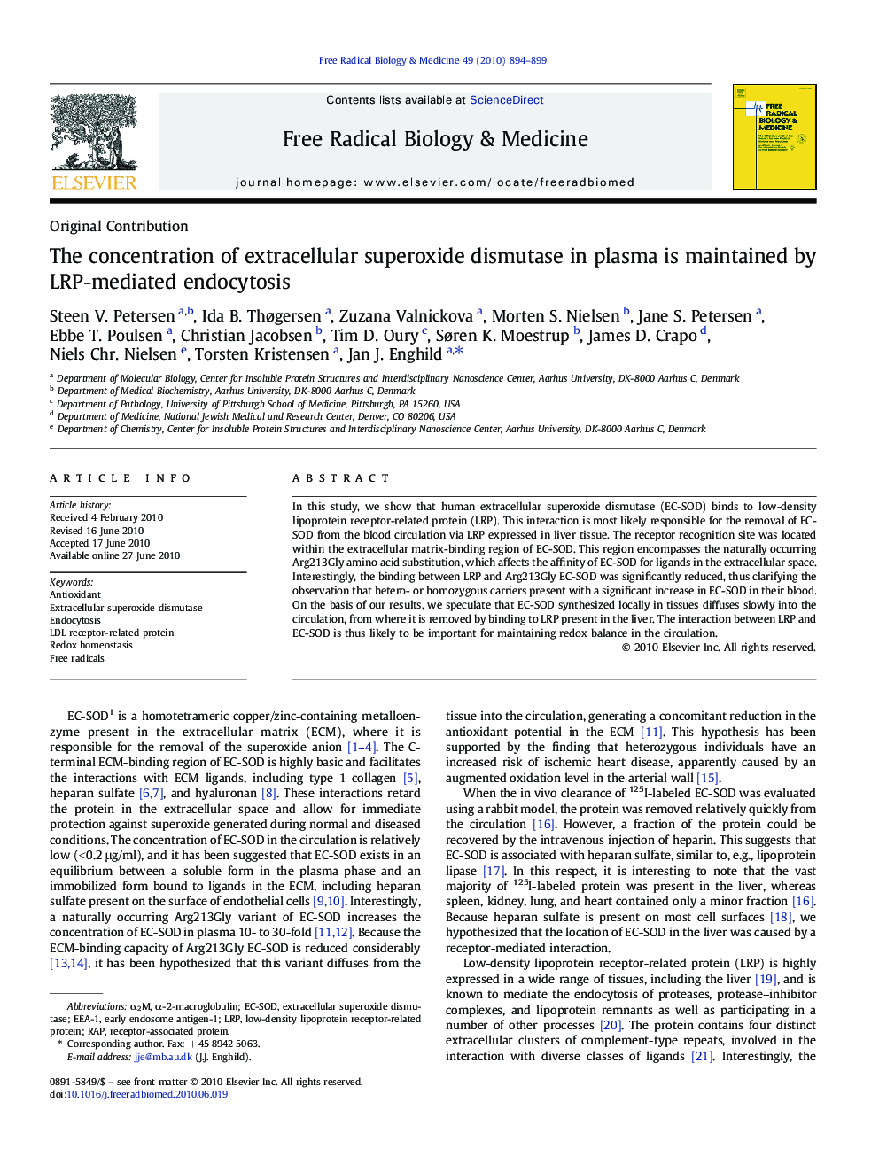 The concentration of extracellular superoxide dismutase in plasma is maintained by LRP-mediated endocytosis