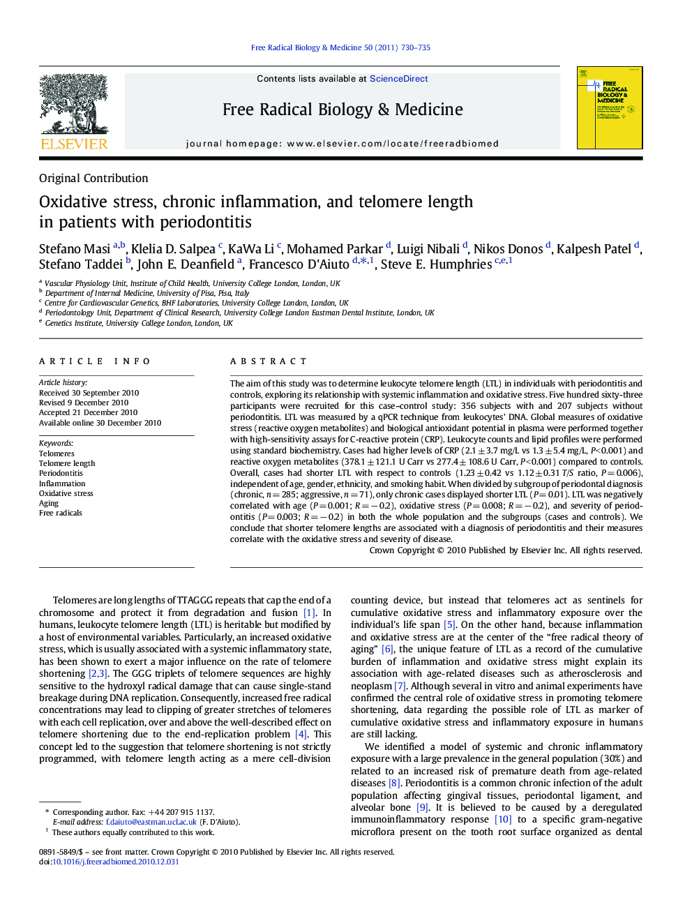 Oxidative stress, chronic inflammation, and telomere length in patients with periodontitis