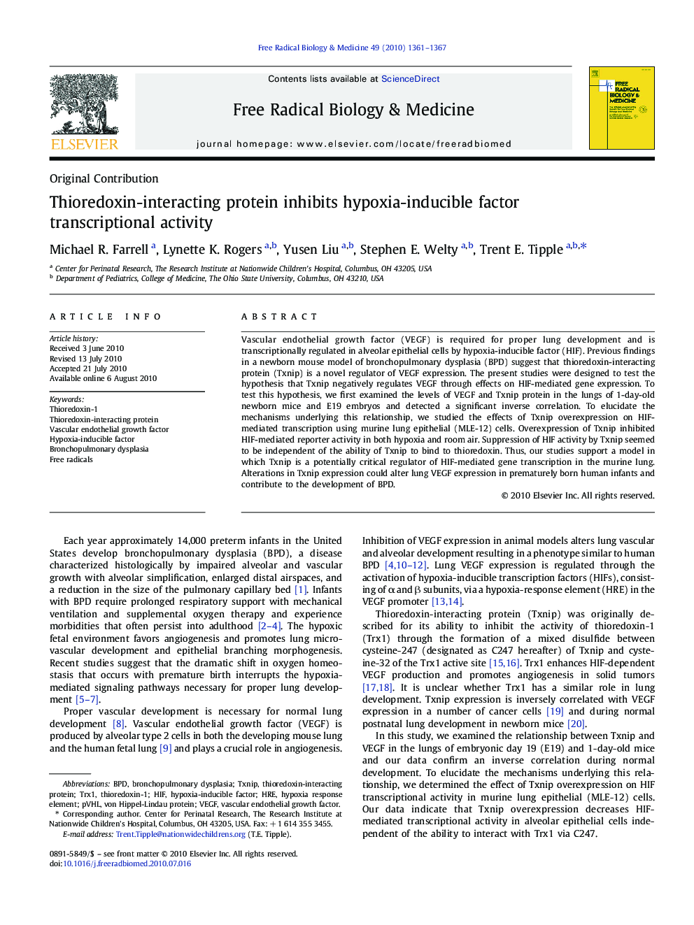 Thioredoxin-interacting protein inhibits hypoxia-inducible factor transcriptional activity