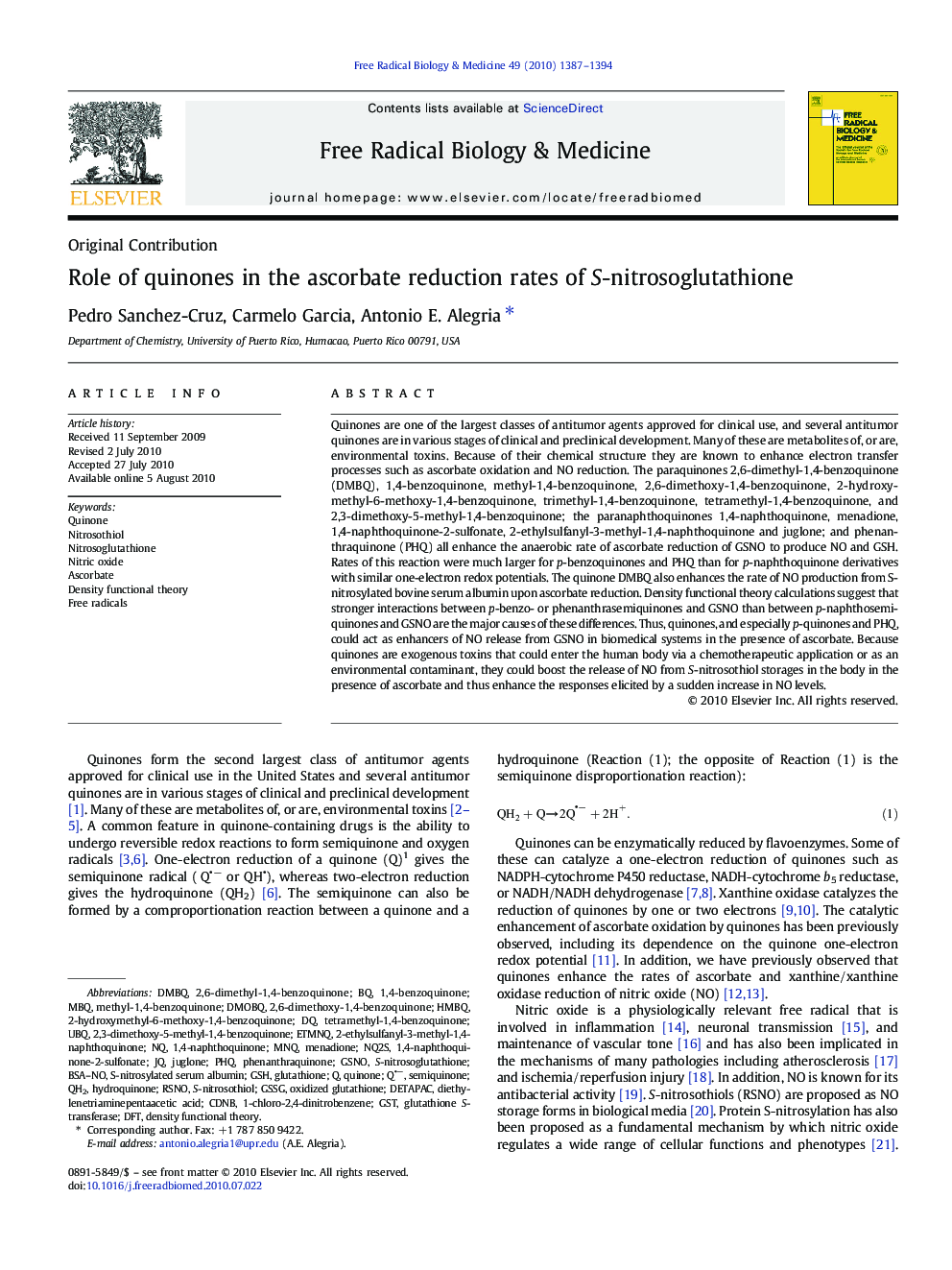 Role of quinones in the ascorbate reduction rates of S-nitrosoglutathione