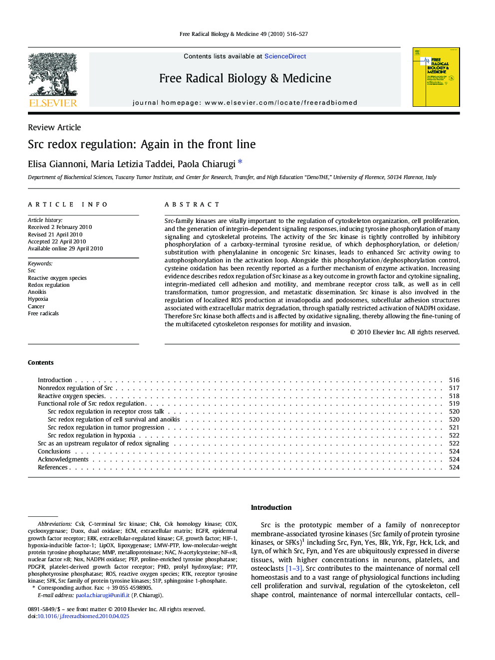 Src redox regulation: Again in the front line