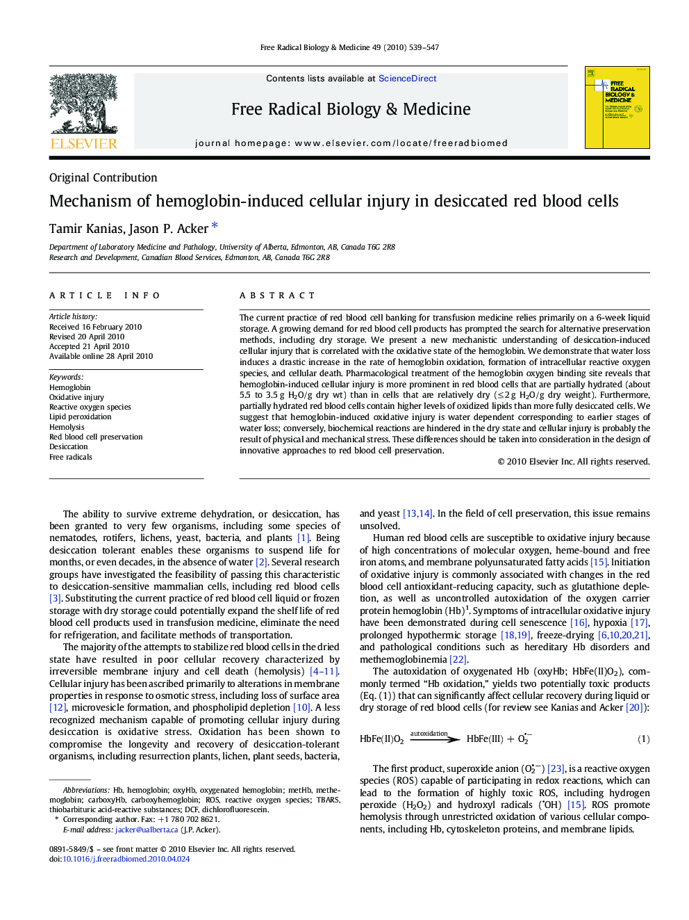 Mechanism of hemoglobin-induced cellular injury in desiccated red blood cells