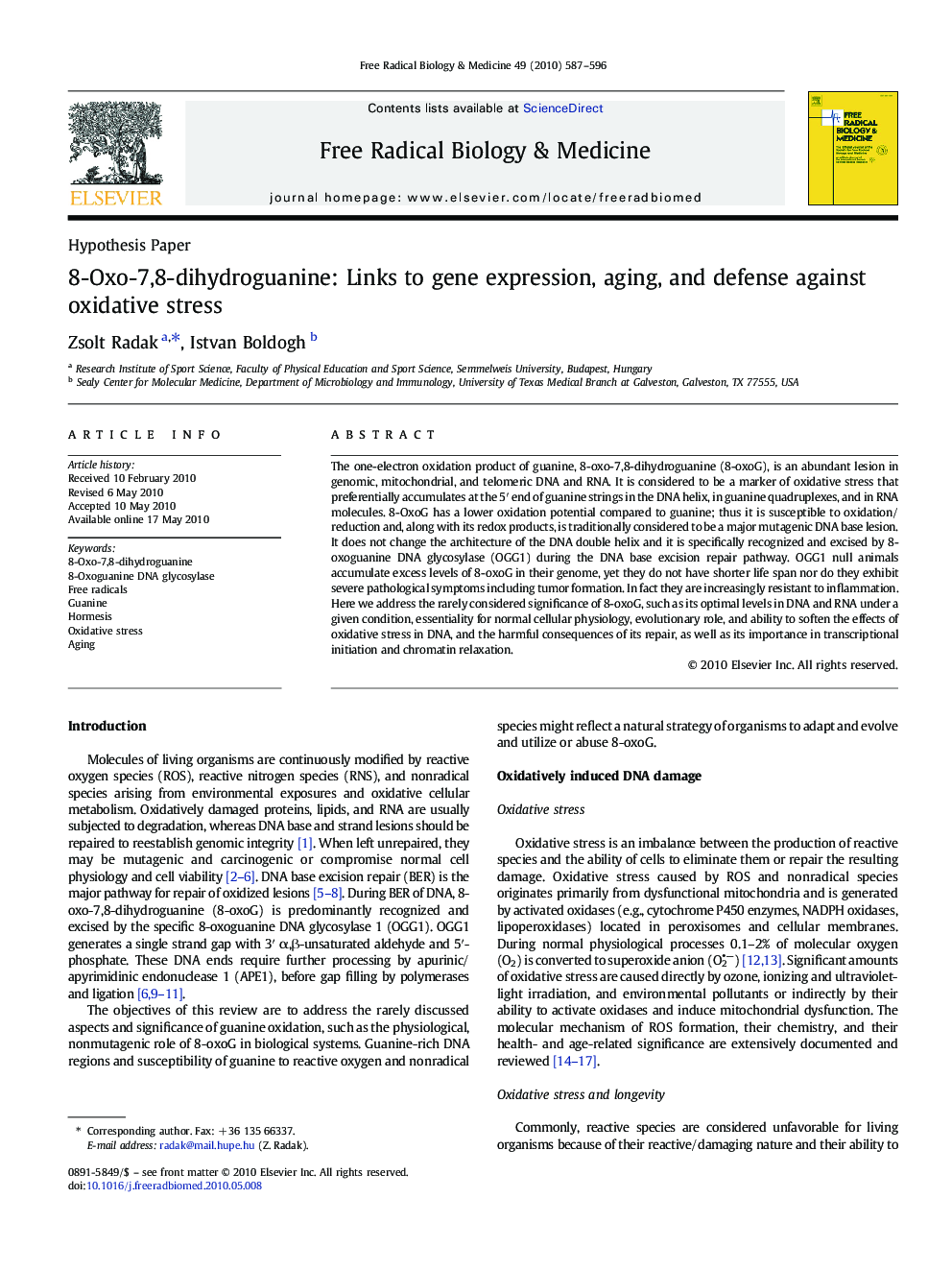 8-Oxo-7,8-dihydroguanine: Links to gene expression, aging, and defense against oxidative stress
