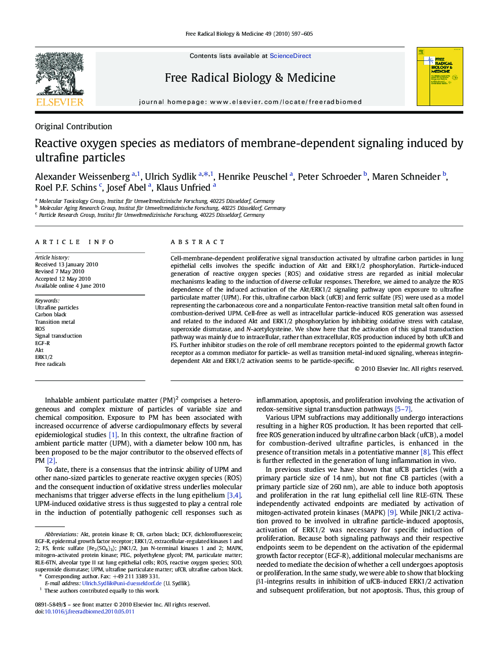 Reactive oxygen species as mediators of membrane-dependent signaling induced by ultrafine particles