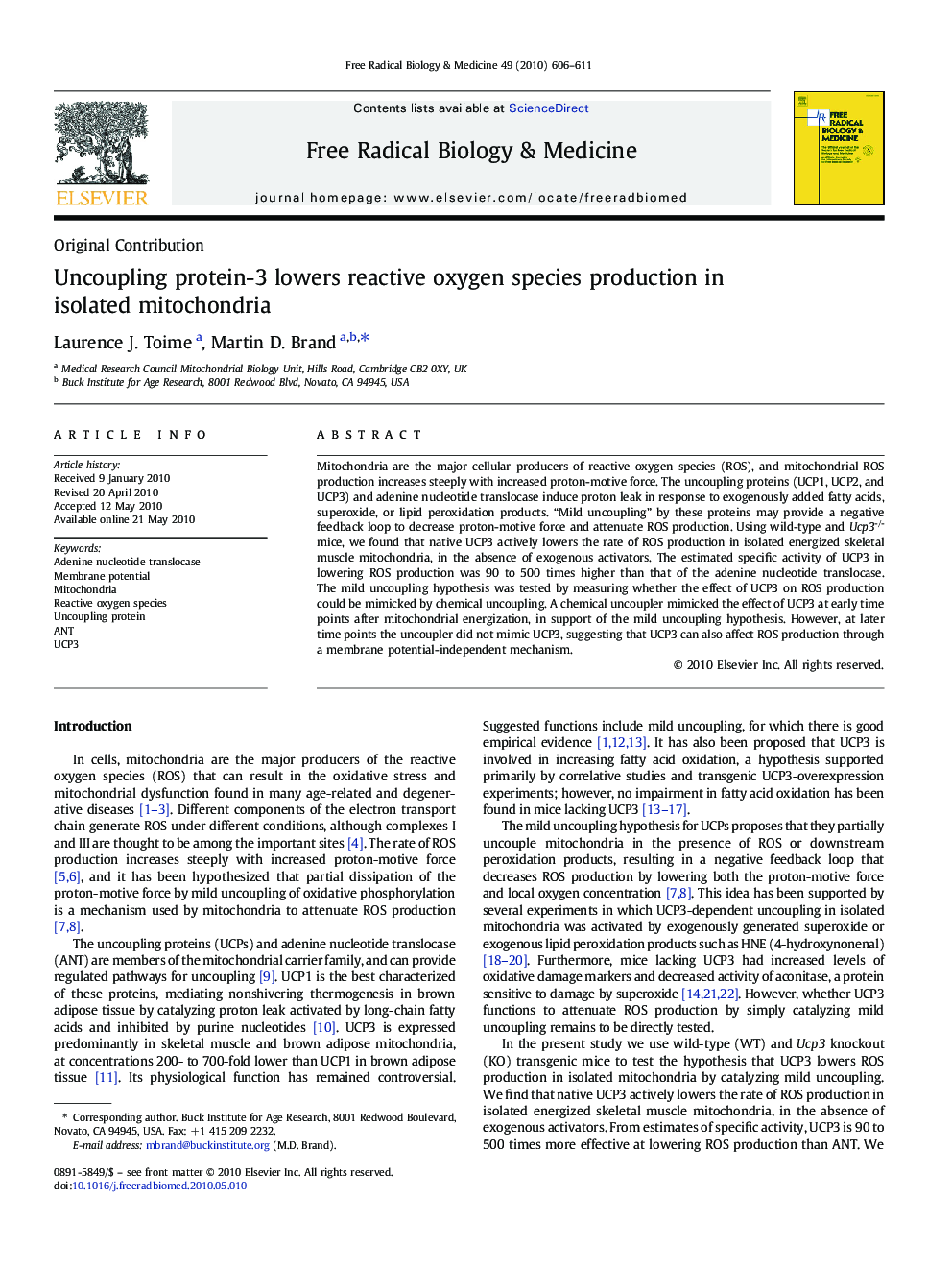 Uncoupling protein-3 lowers reactive oxygen species production in isolated mitochondria