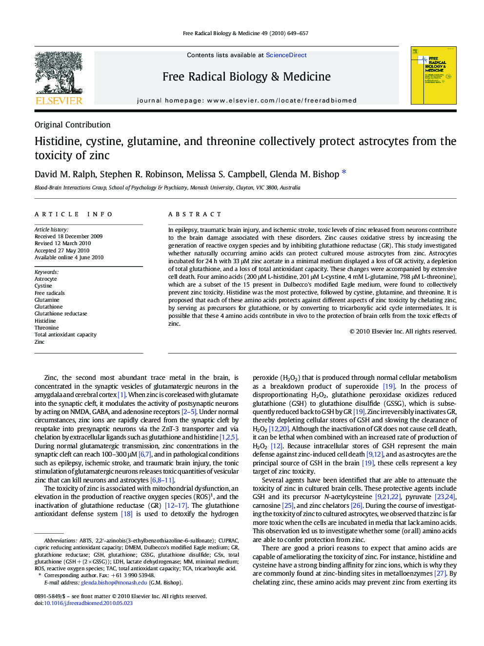 Histidine, cystine, glutamine, and threonine collectively protect astrocytes from the toxicity of zinc