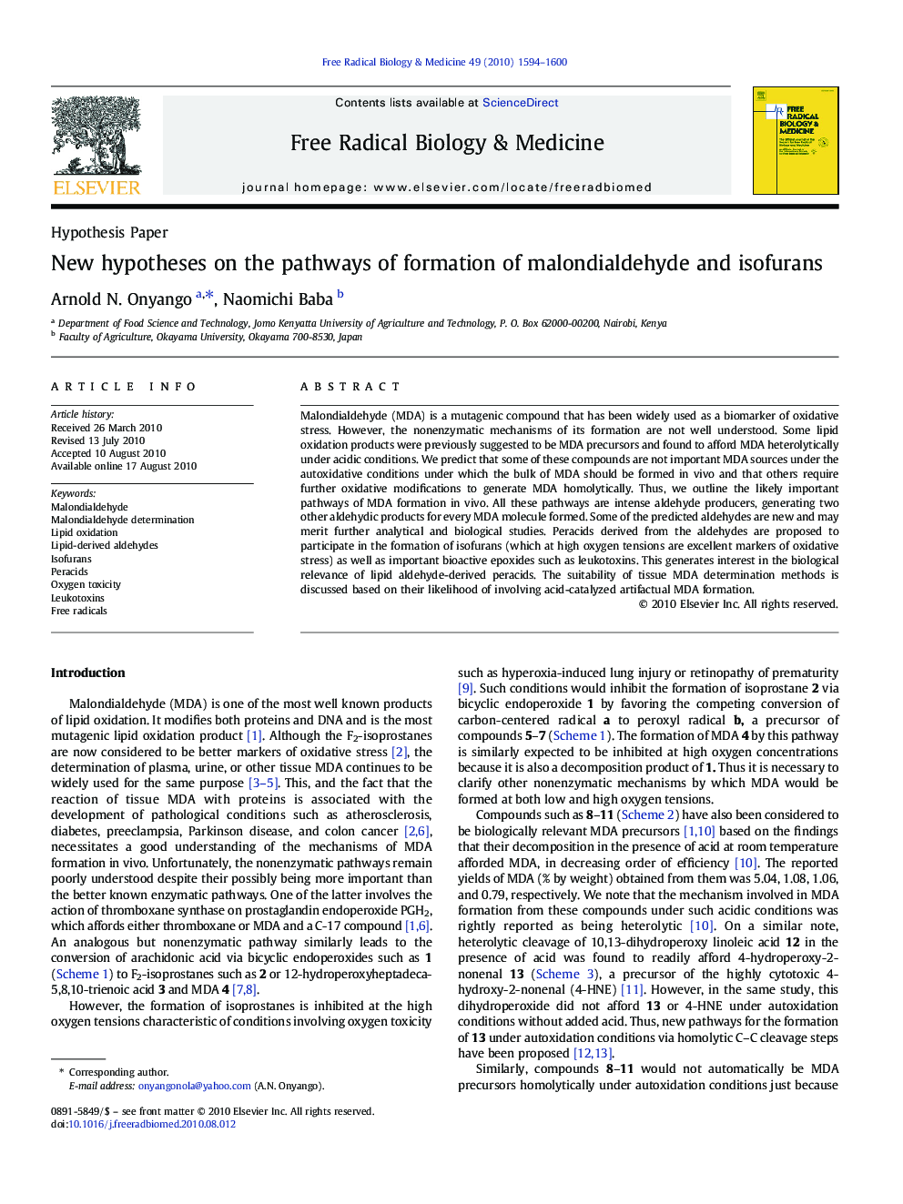 New hypotheses on the pathways of formation of malondialdehyde and isofurans
