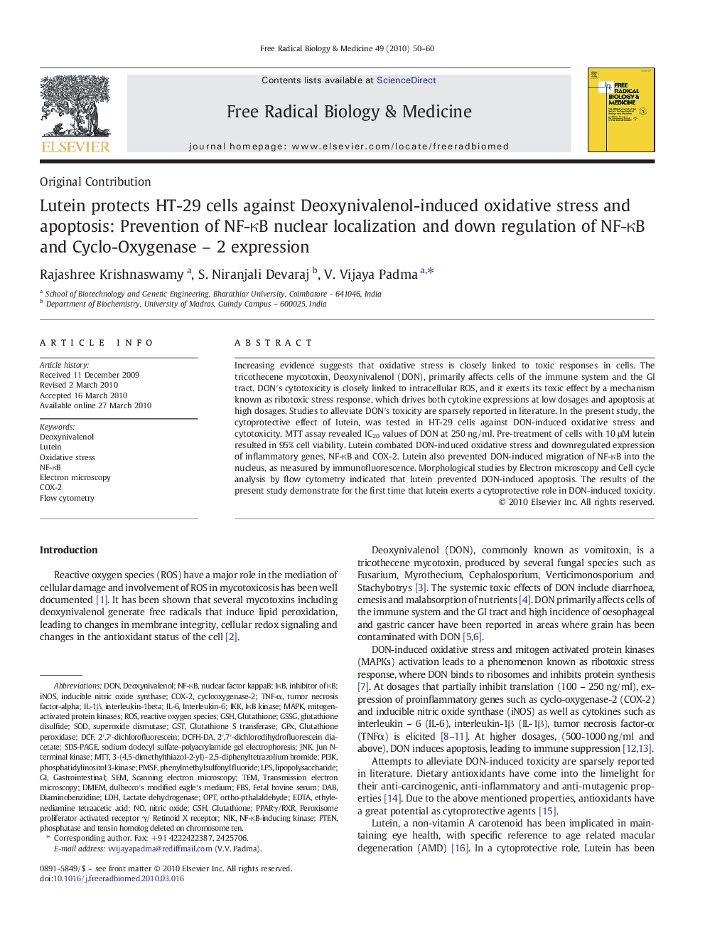 Lutein protects HT-29 cells against Deoxynivalenol-induced oxidative stress and apoptosis: Prevention of NF-κB nuclear localization and down regulation of NF-κB and Cyclo-Oxygenase – 2 expression