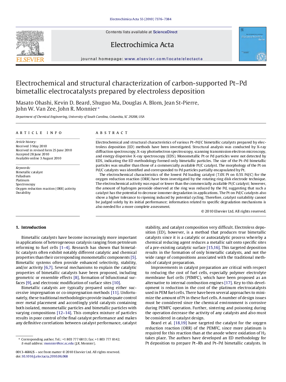 Electrochemical and structural characterization of carbon-supported Pt–Pd bimetallic electrocatalysts prepared by electroless deposition