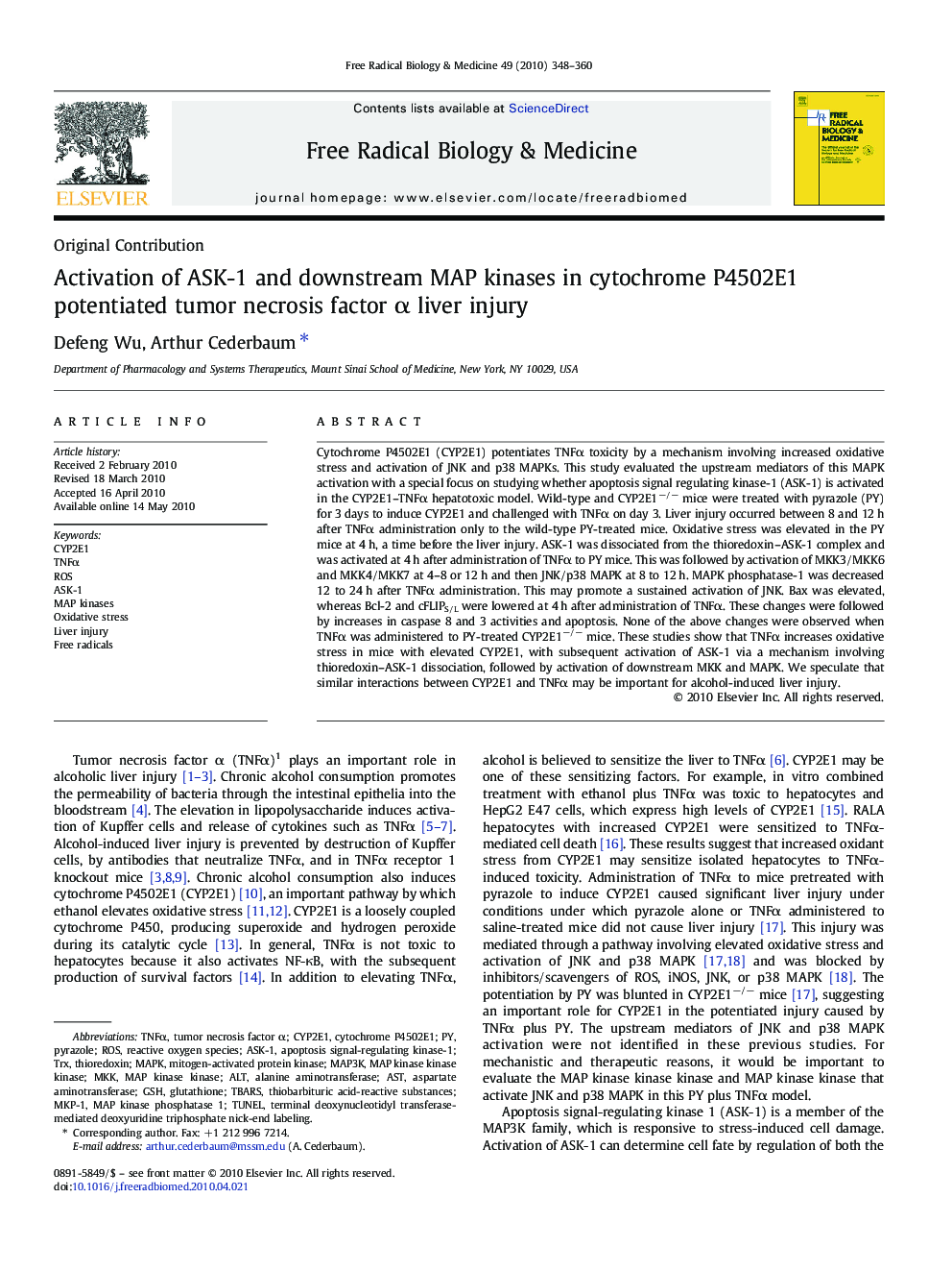 Activation of ASK-1 and downstream MAP kinases in cytochrome P4502E1 potentiated tumor necrosis factor α liver injury