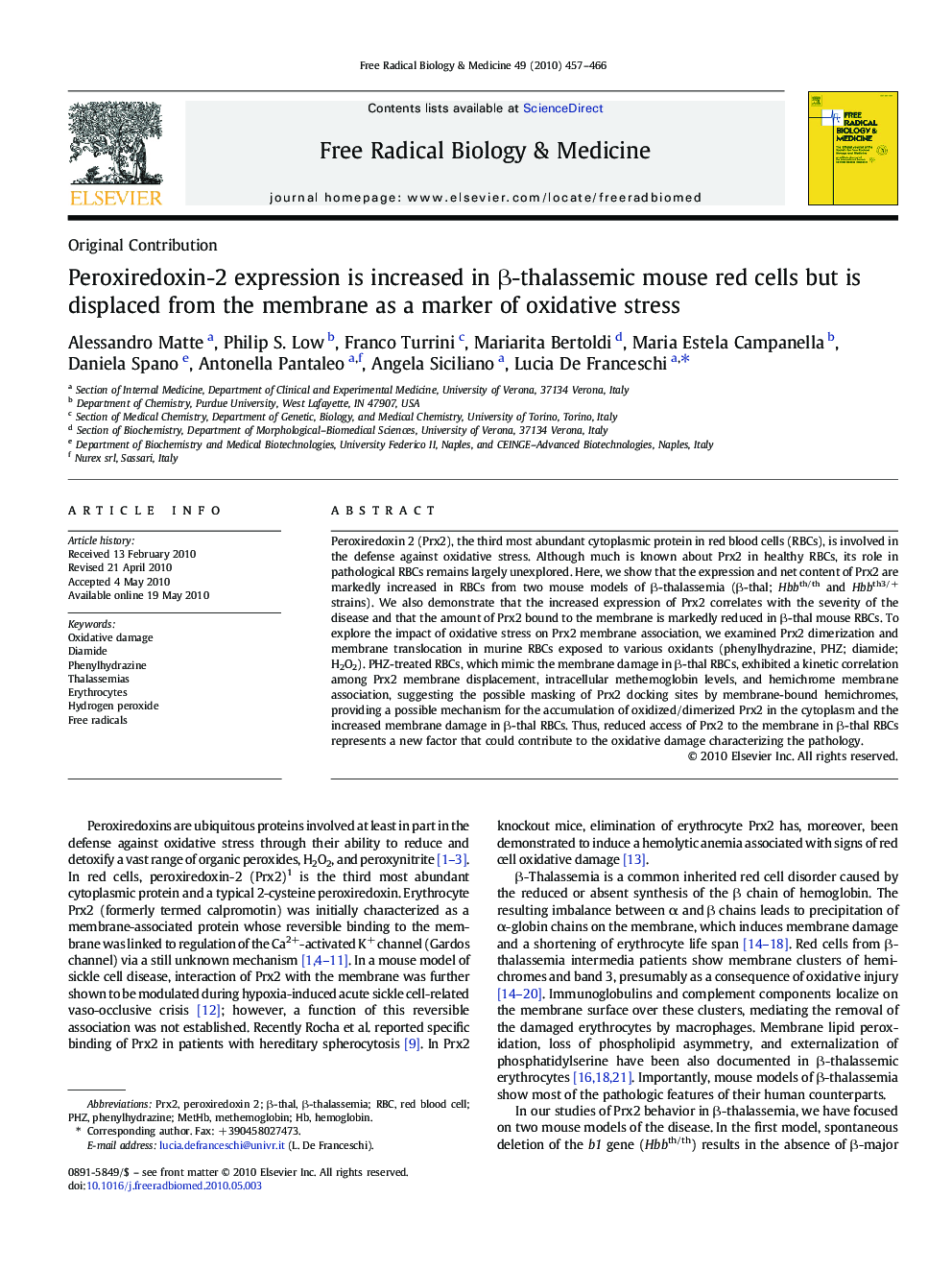 Peroxiredoxin-2 expression is increased in β-thalassemic mouse red cells but is displaced from the membrane as a marker of oxidative stress