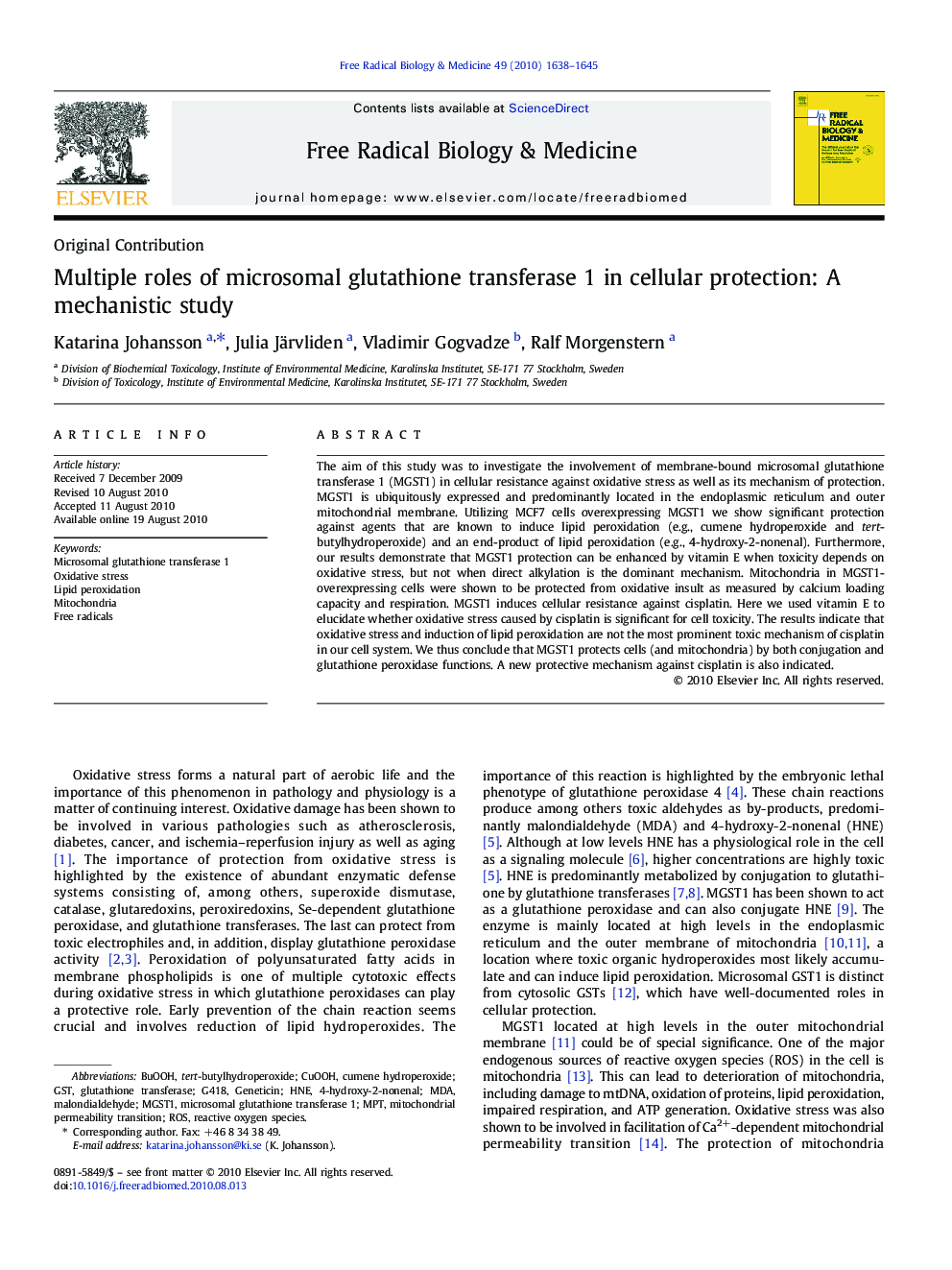 Multiple roles of microsomal glutathione transferase 1 in cellular protection: A mechanistic study