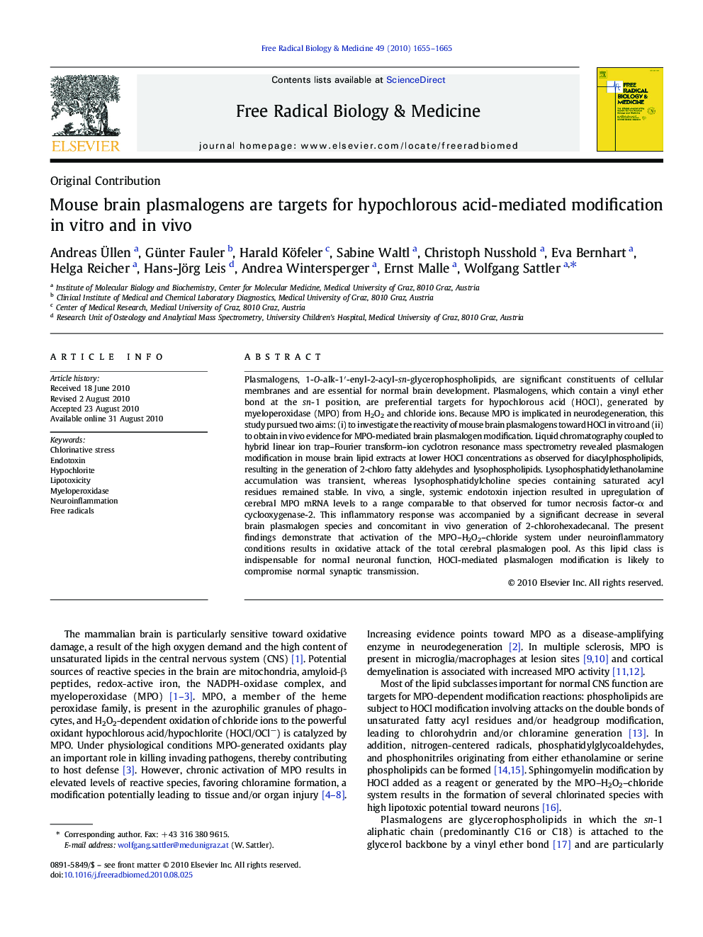 Mouse brain plasmalogens are targets for hypochlorous acid-mediated modification in vitro and in vivo