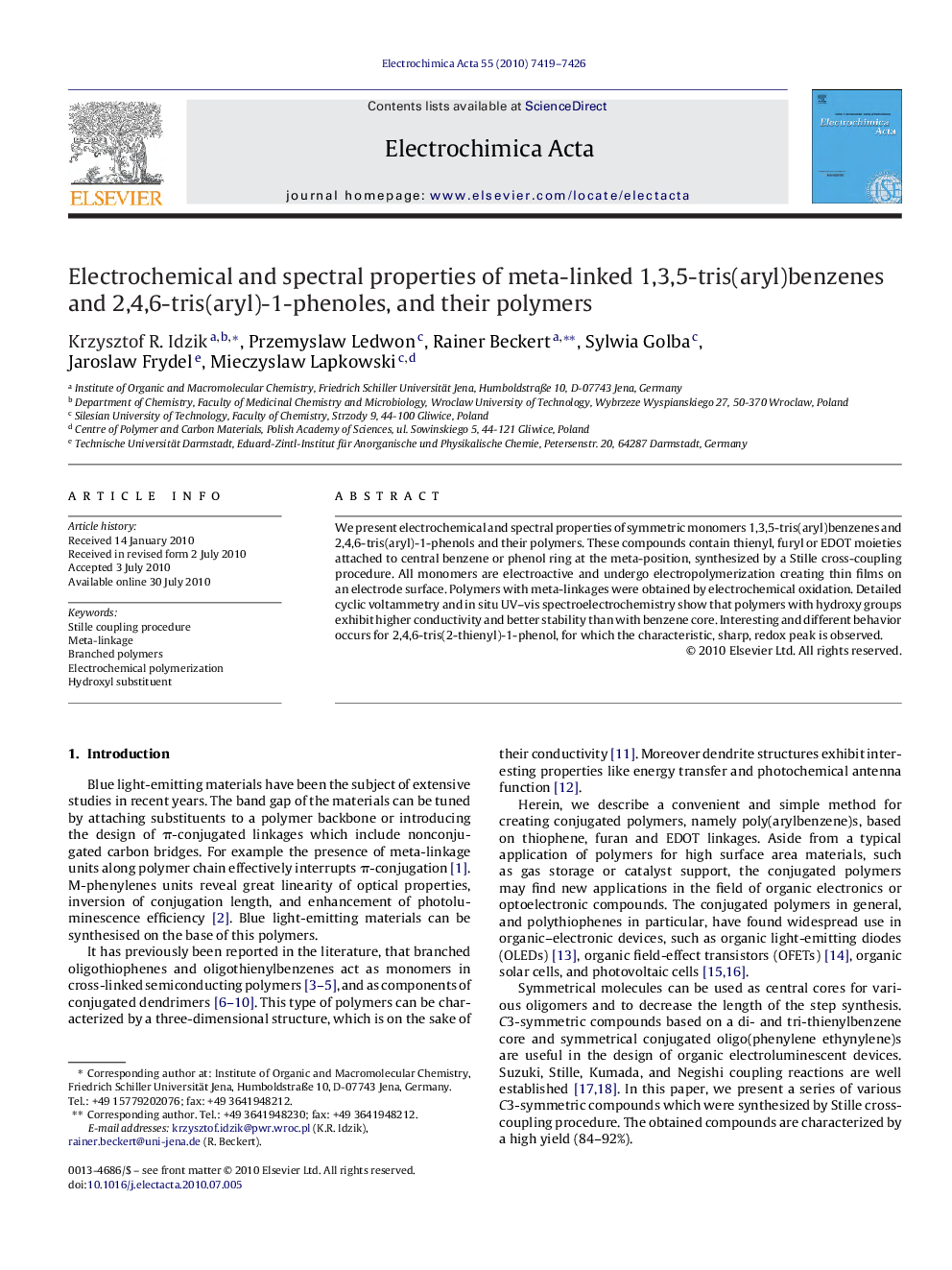 Electrochemical and spectral properties of meta-linked 1,3,5-tris(aryl)benzenes and 2,4,6-tris(aryl)-1-phenoles, and their polymers