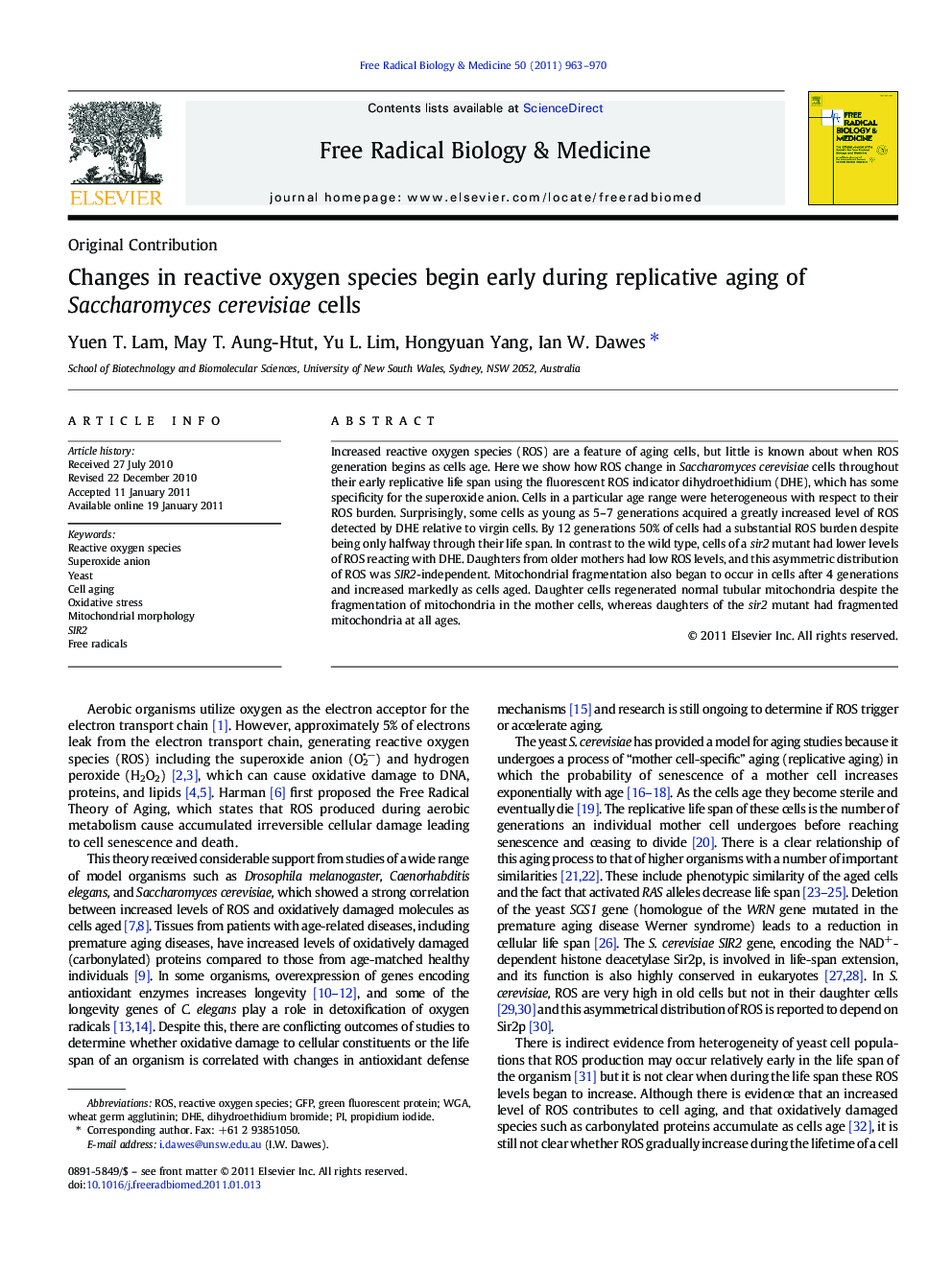 Changes in reactive oxygen species begin early during replicative aging of Saccharomyces cerevisiae cells