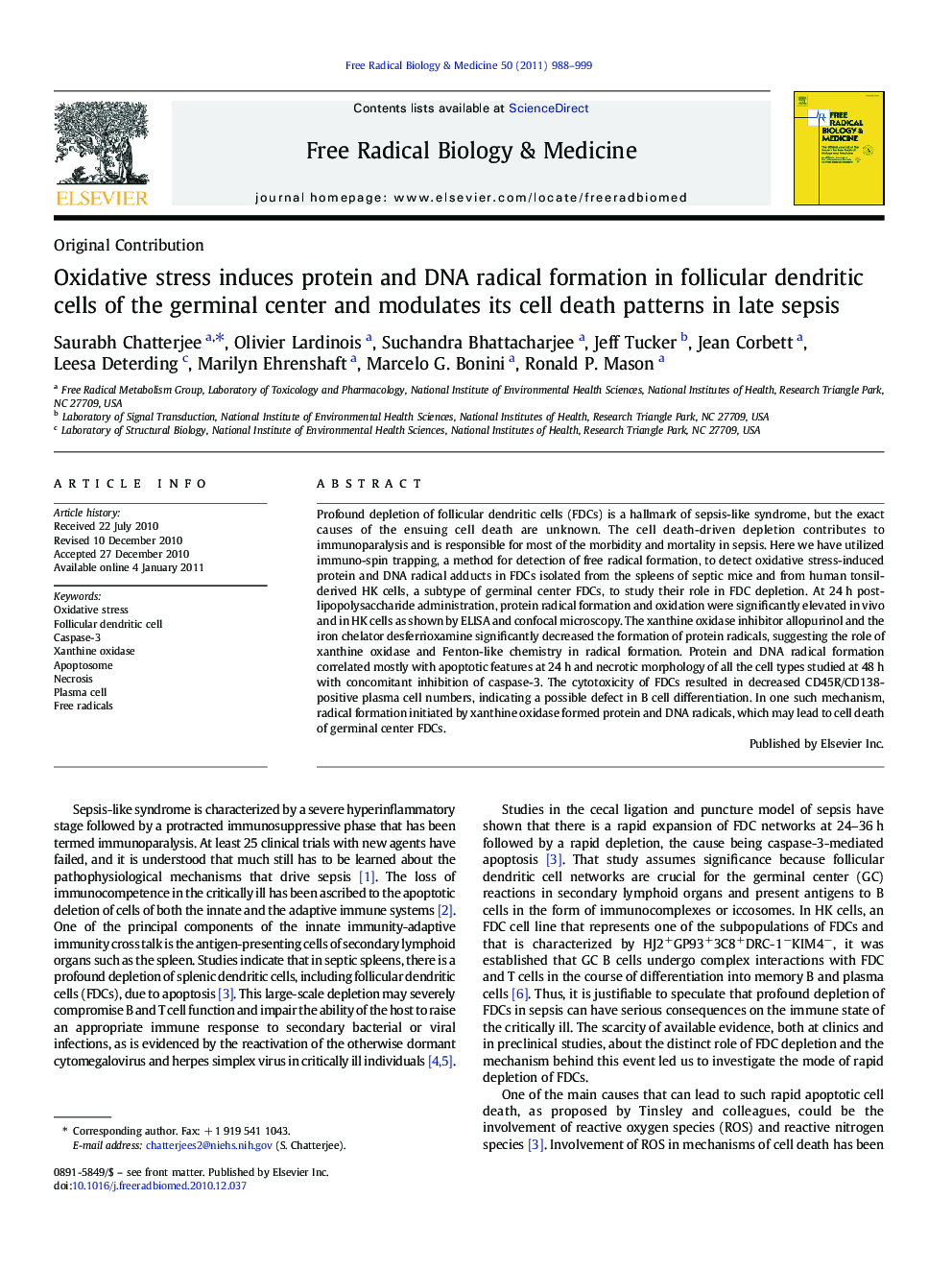 Oxidative stress induces protein and DNA radical formation in follicular dendritic cells of the germinal center and modulates its cell death patterns in late sepsis