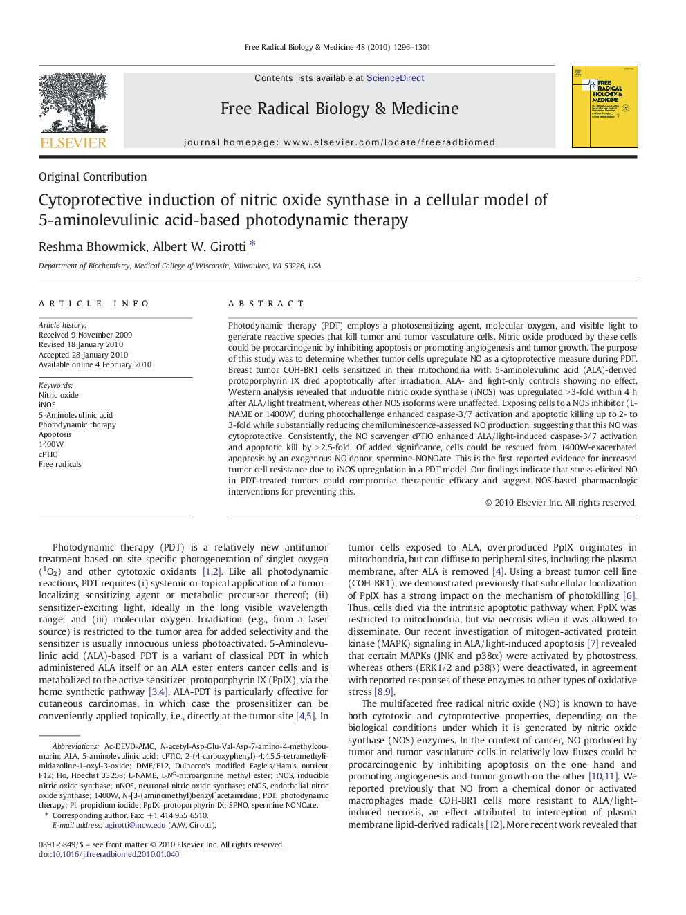 Cytoprotective induction of nitric oxide synthase in a cellular model of 5-aminolevulinic acid-based photodynamic therapy