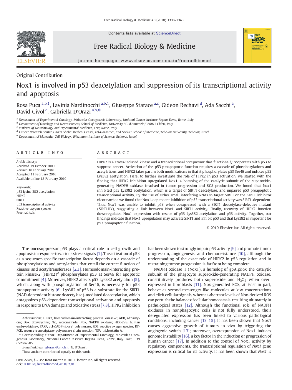 Nox1 is involved in p53 deacetylation and suppression of its transcriptional activity and apoptosis