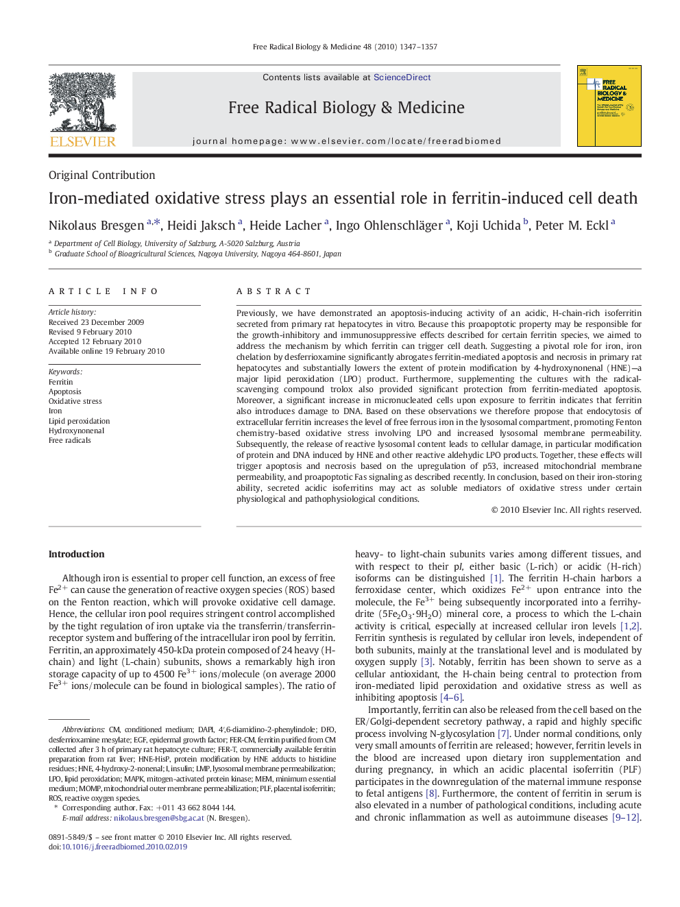 Iron-mediated oxidative stress plays an essential role in ferritin-induced cell death