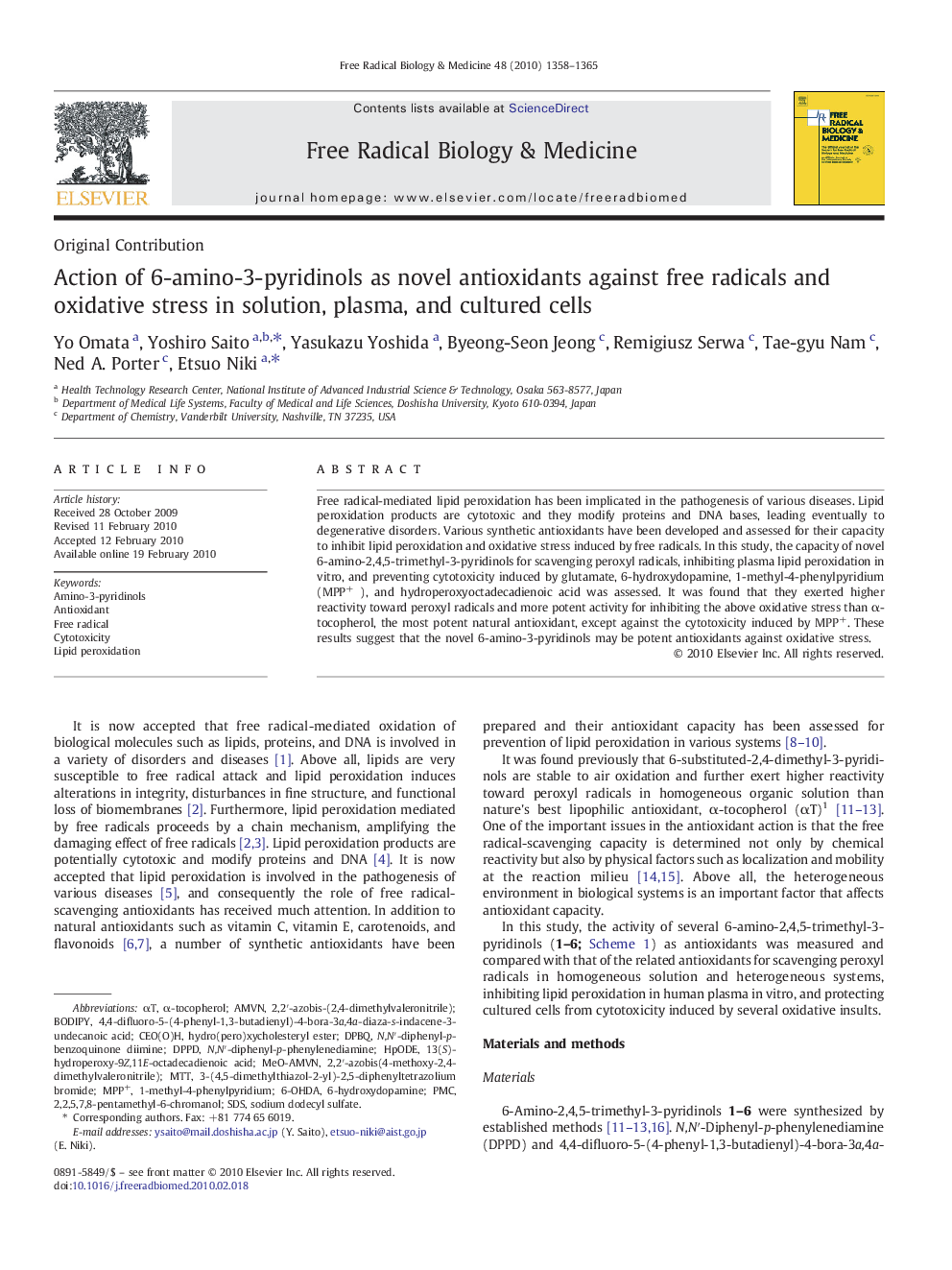 Action of 6-amino-3-pyridinols as novel antioxidants against free radicals and oxidative stress in solution, plasma, and cultured cells