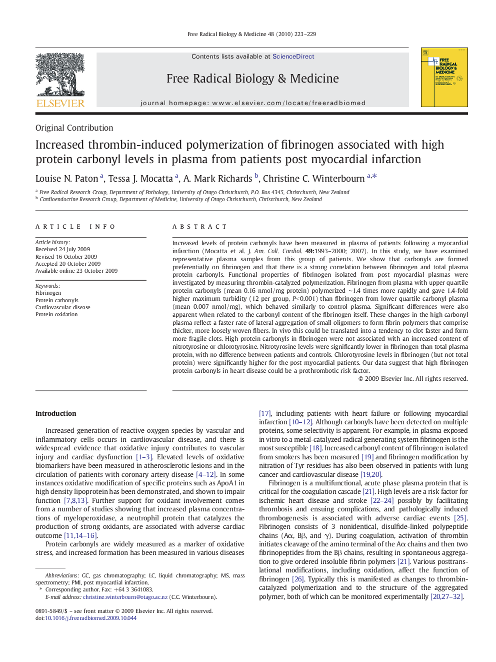 Increased thrombin-induced polymerization of fibrinogen associated with high protein carbonyl levels in plasma from patients post myocardial infarction