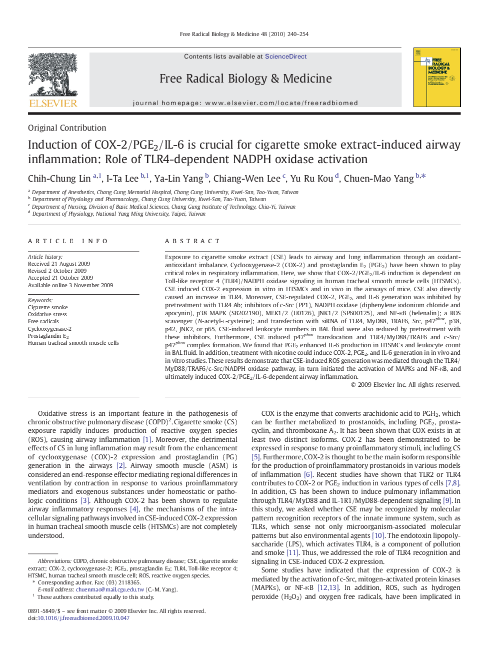 Induction of COX-2/PGE2/IL-6 is crucial for cigarette smoke extract-induced airway inflammation: Role of TLR4-dependent NADPH oxidase activation