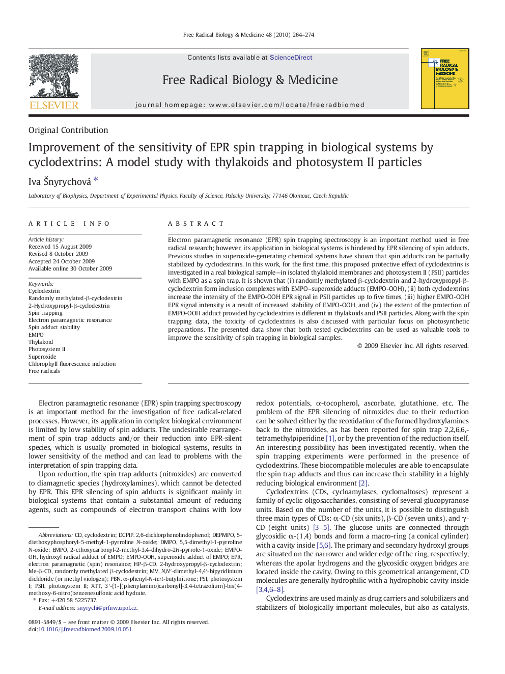 Improvement of the sensitivity of EPR spin trapping in biological systems by cyclodextrins: A model study with thylakoids and photosystem II particles